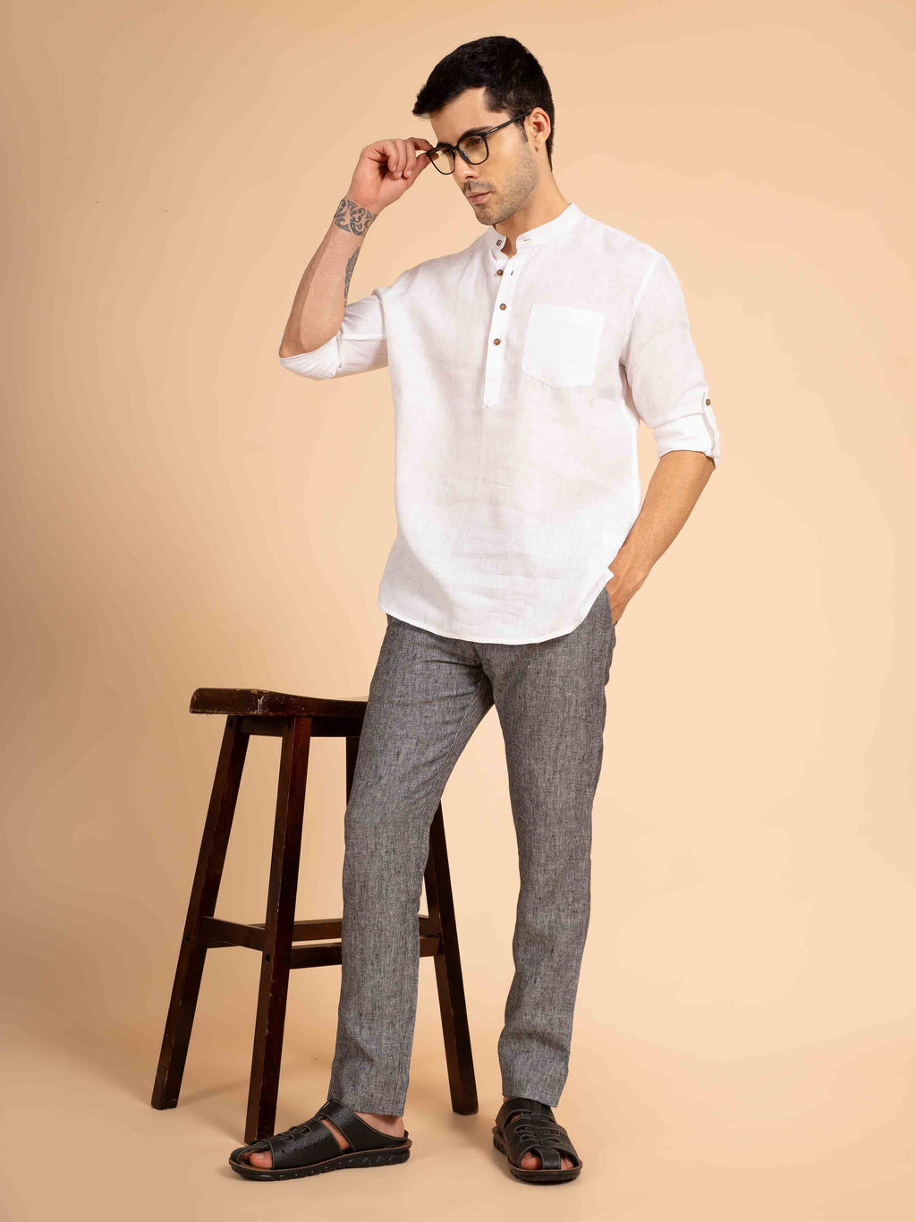 ST4U Men's Pure Linen Full Sleeve Solid Short Kurta – White