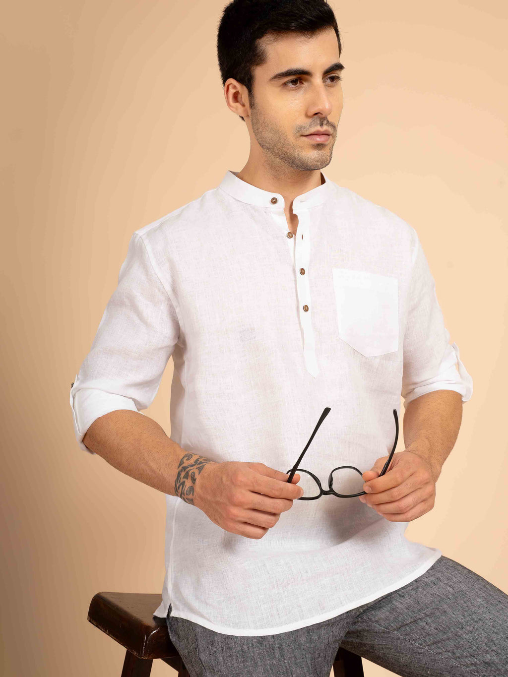 ST4U Men's Pure Linen Full Sleeve Solid Short Kurta – White
