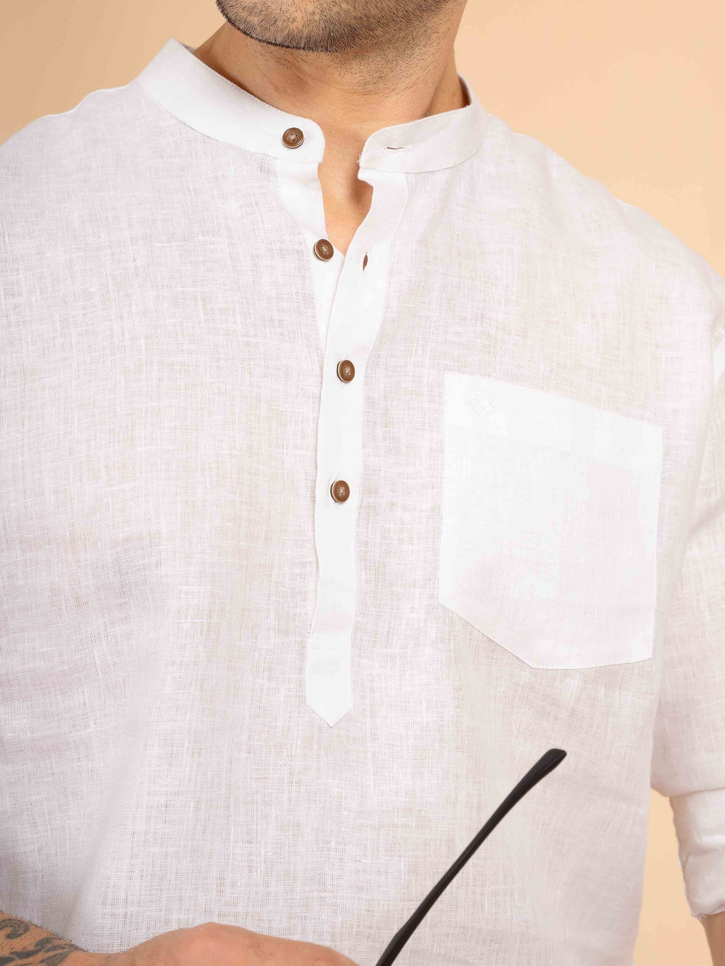 ST4U Men's Pure Linen Full Sleeve Solid Short Kurta – White