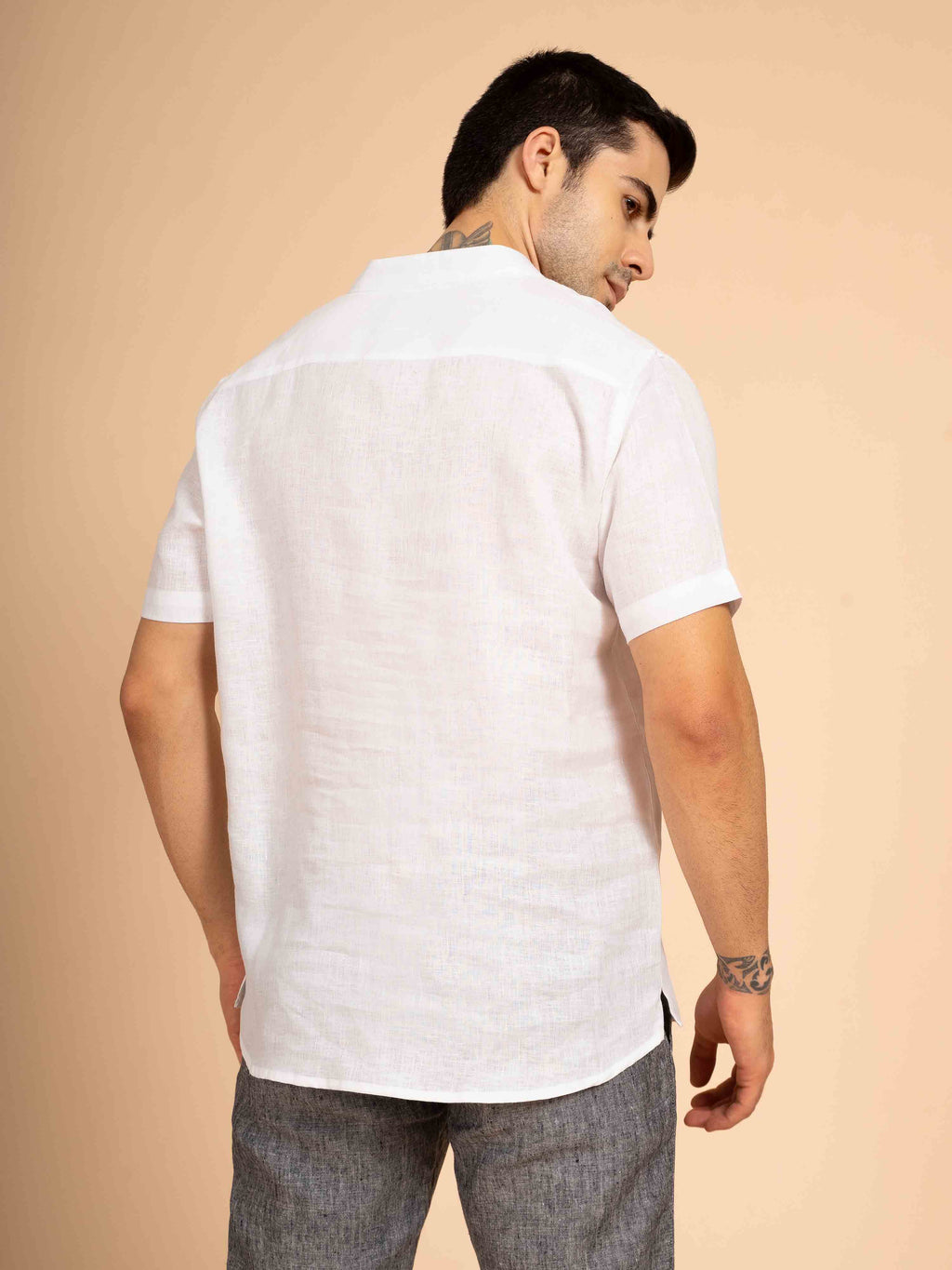 ST4U Men's Pure Linen Half Sleeve Solid Short Kurta – White