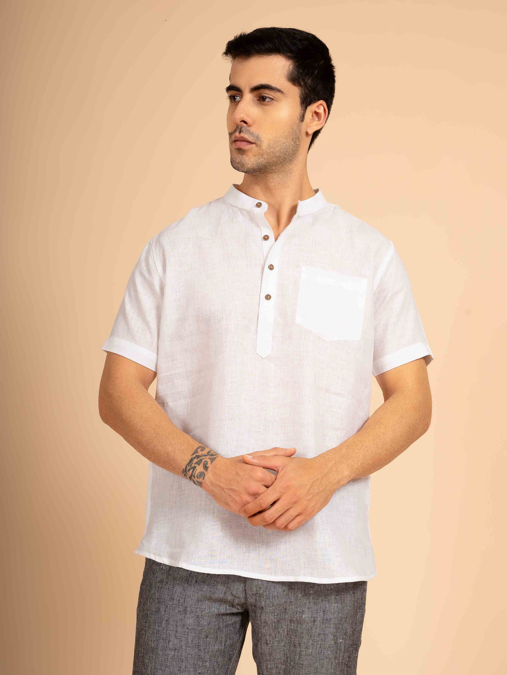 ST4U Men's Pure Linen Half Sleeve Solid Short Kurta – White