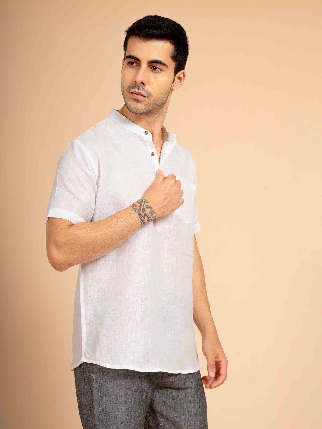 ST4U Men's Pure Linen Half Sleeve Solid Short Kurta – White