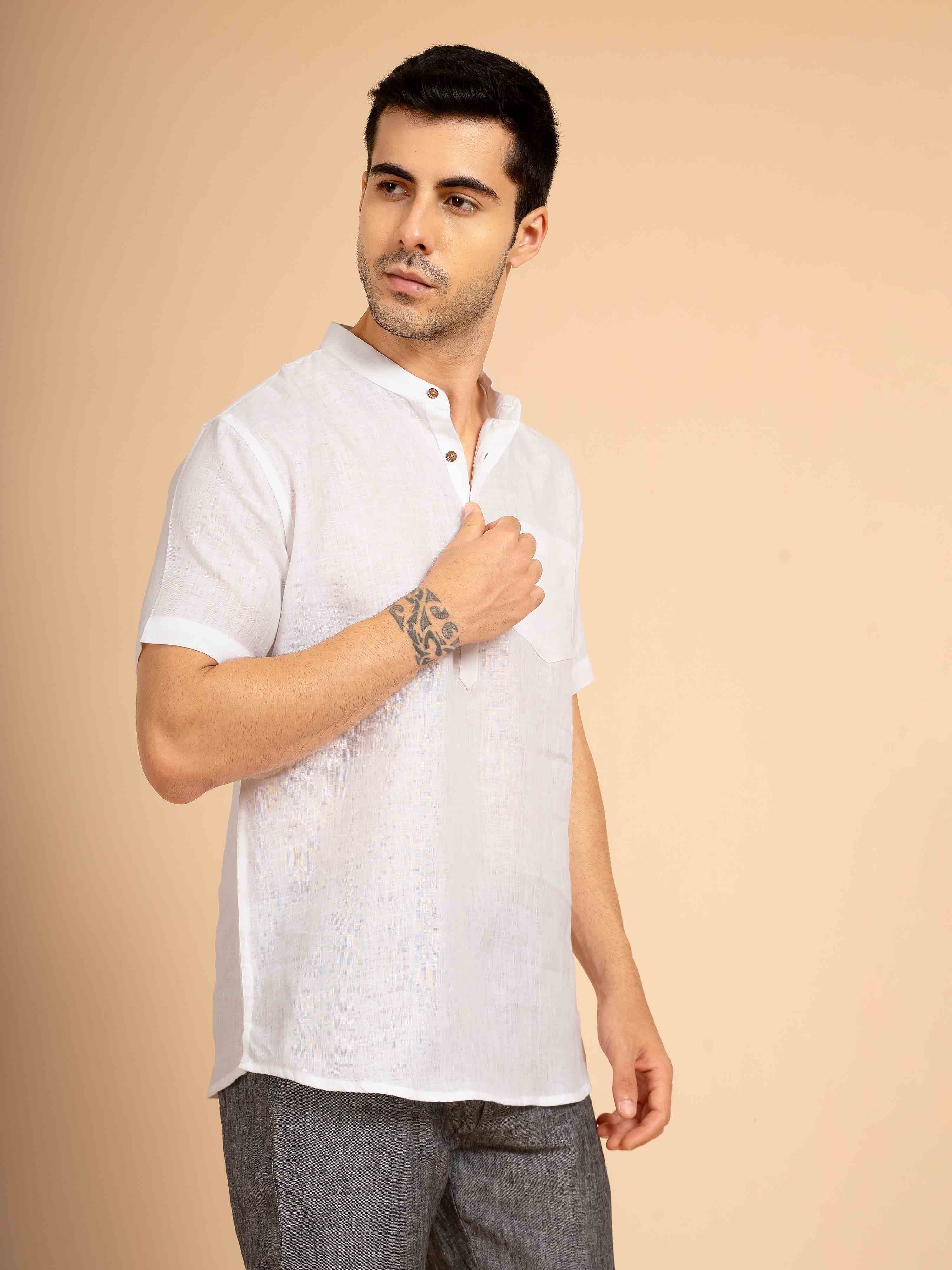 ST4U Men's Pure Linen Half Sleeve Solid Short Kurta – White