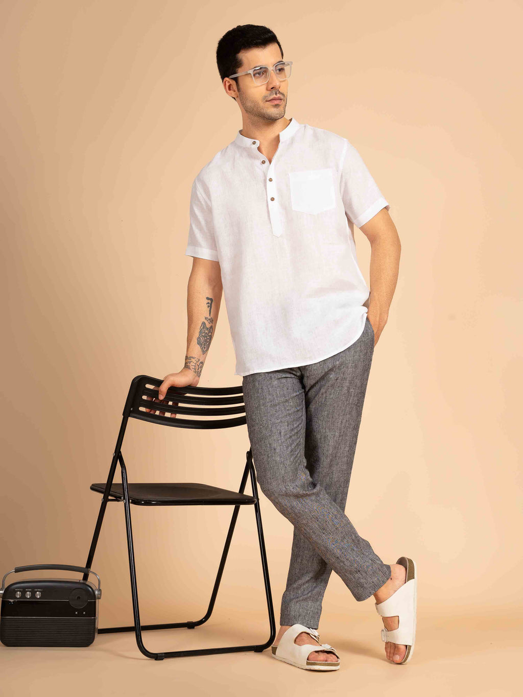 ST4U Men's Pure Linen Half Sleeve Solid Short Kurta – White