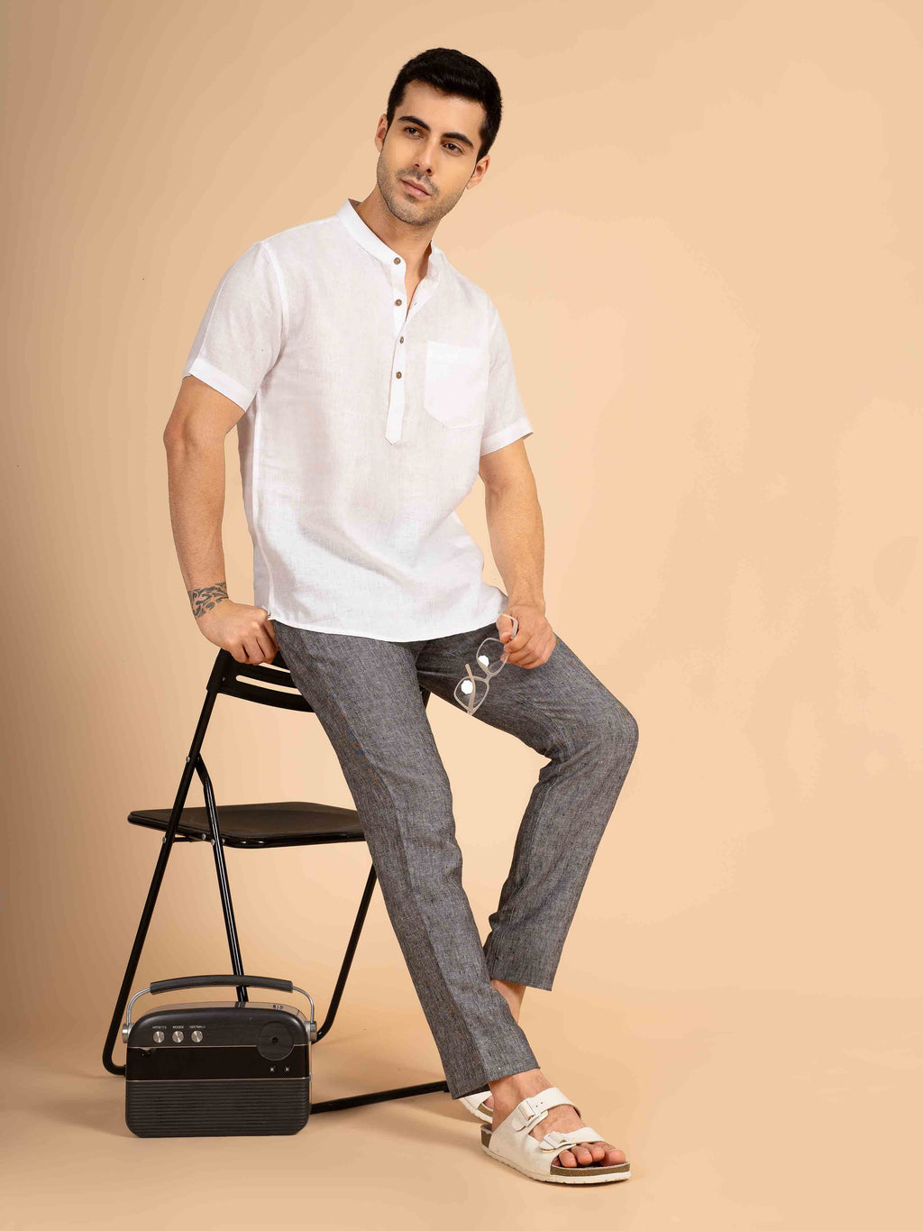 ST4U Men's Pure Linen Half Sleeve Solid Short Kurta – White