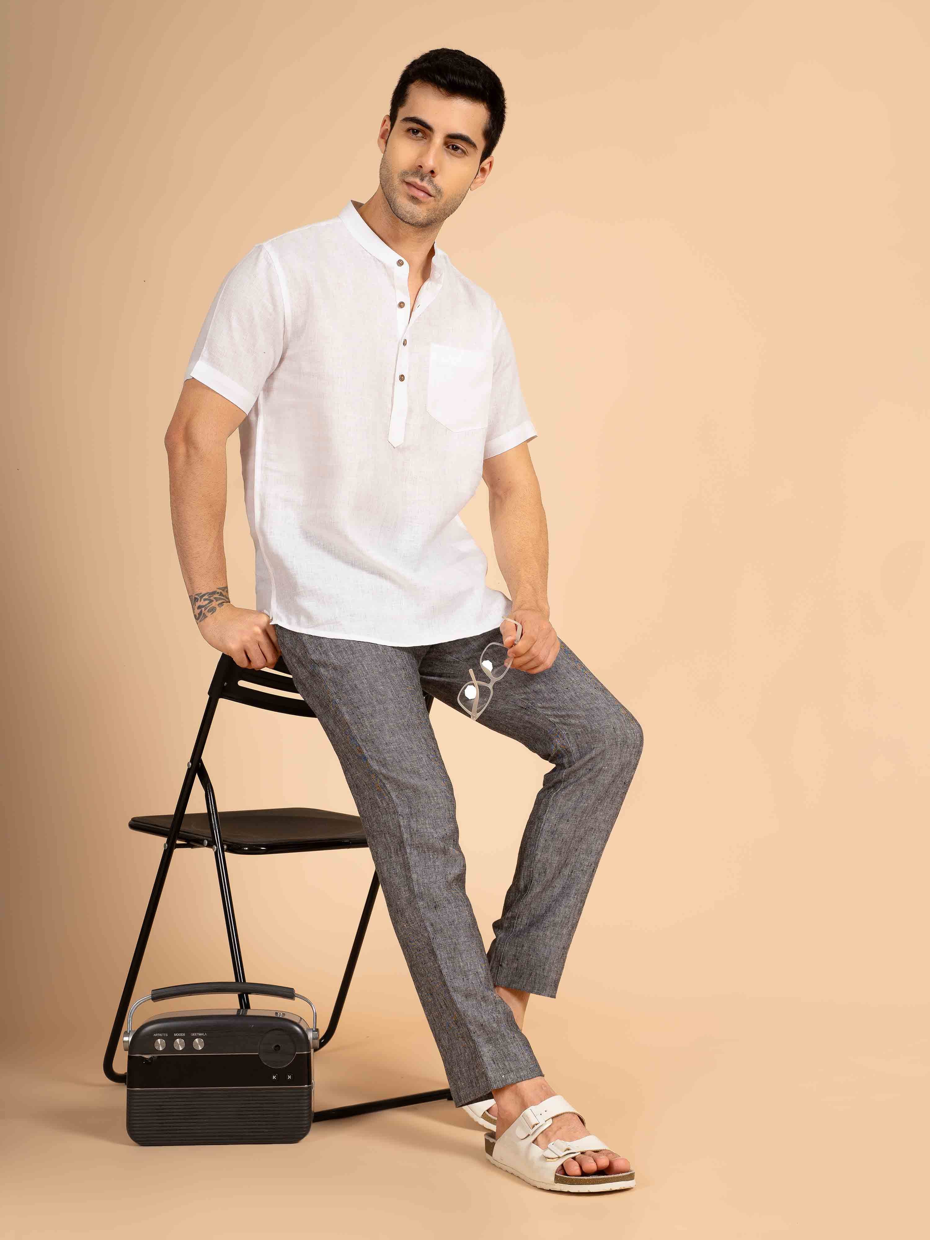 ST4U Men's Pure Linen Half Sleeve Solid Short Kurta – White