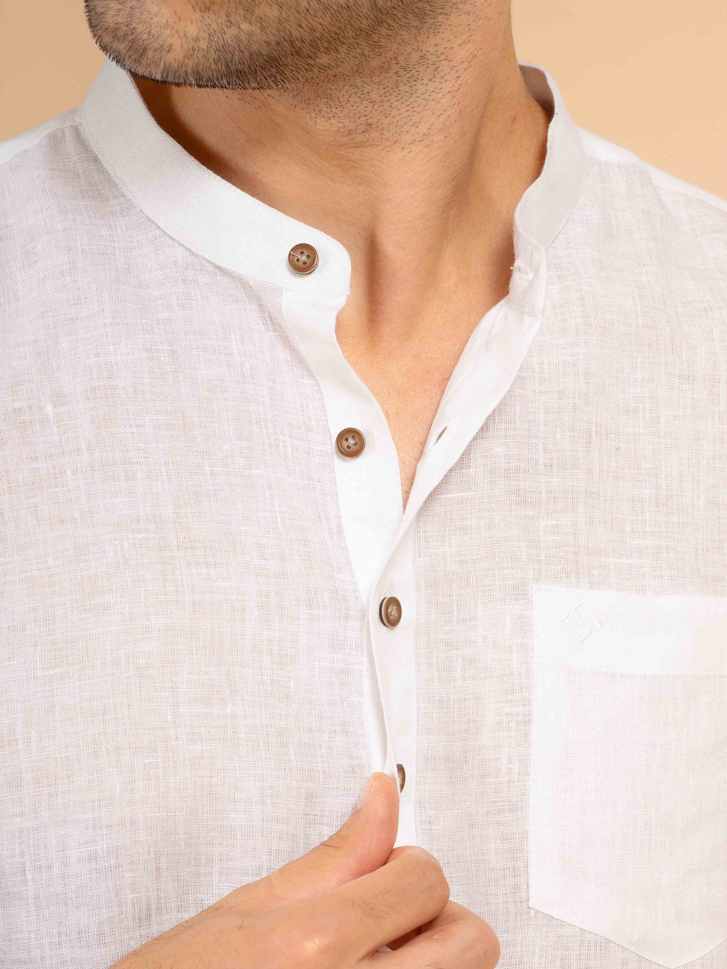 ST4U Men's Pure Linen Half Sleeve Solid Short Kurta – White