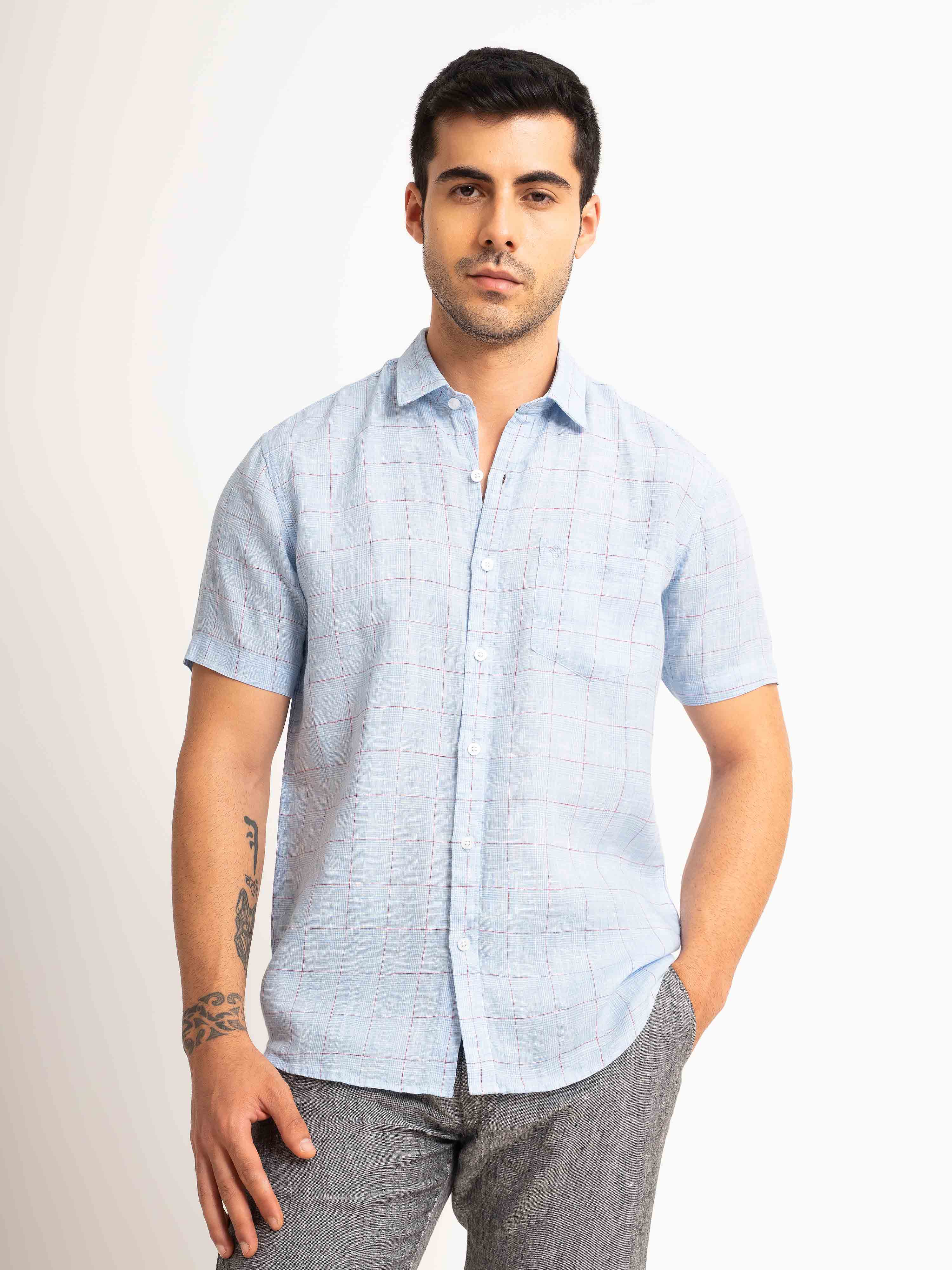 ST4U Men's Pure Linen Half Sleeve Checked Shirt – Sky Blue Checks