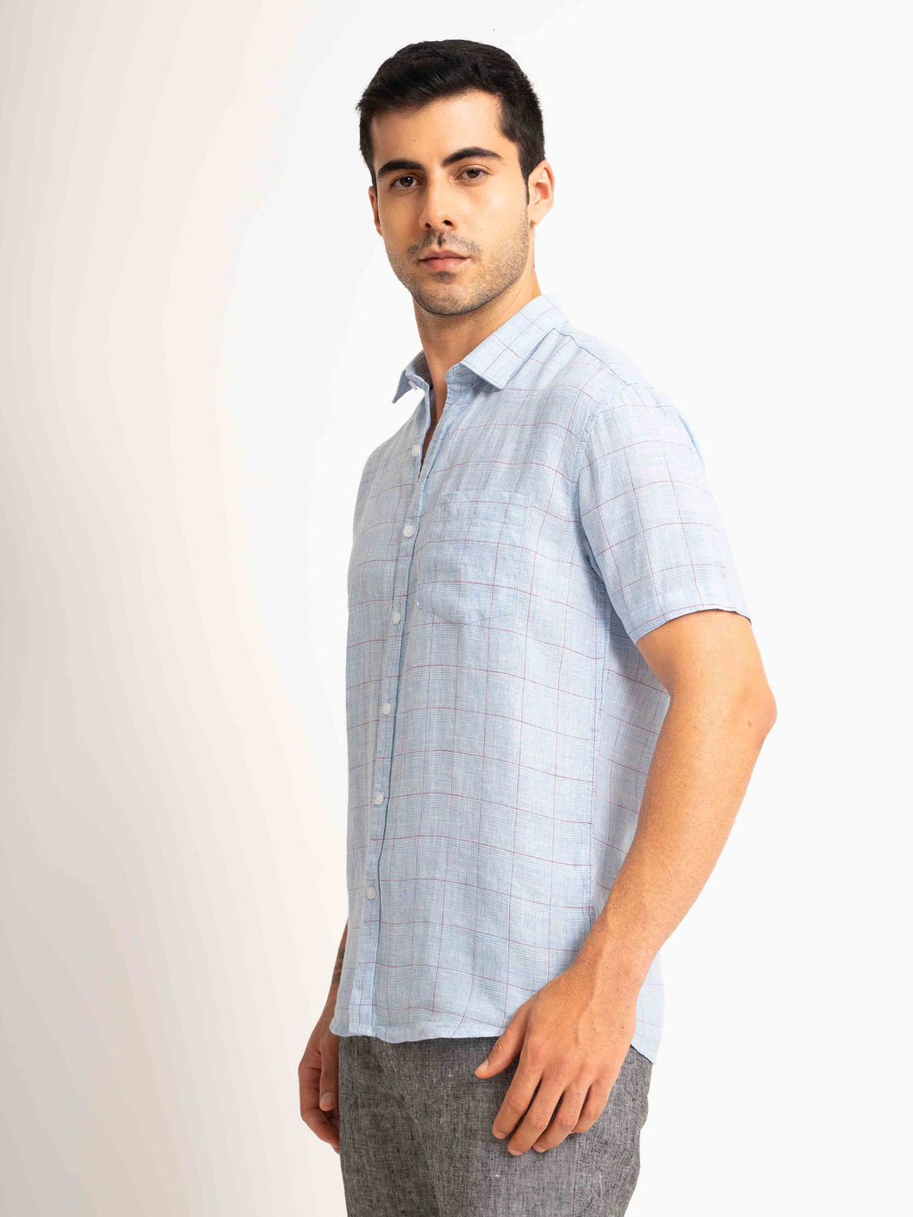 ST4U Men's Pure Linen Half Sleeve Checked Shirt – Sky Blue Checks