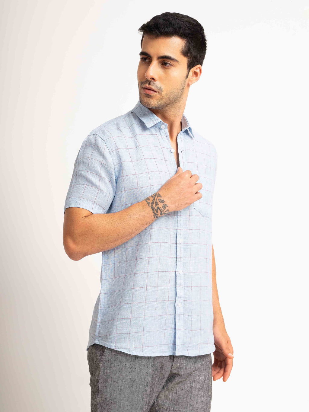 ST4U Men's Pure Linen Half Sleeve Checked Shirt – Sky Blue Checks