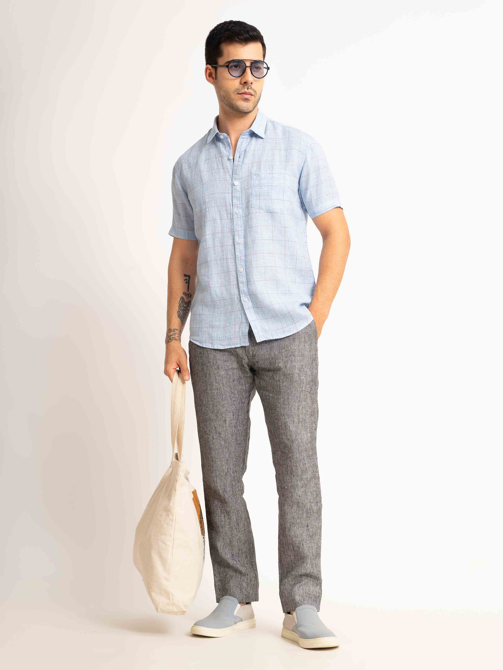 ST4U Men's Pure Linen Half Sleeve Checked Shirt – Sky Blue Checks