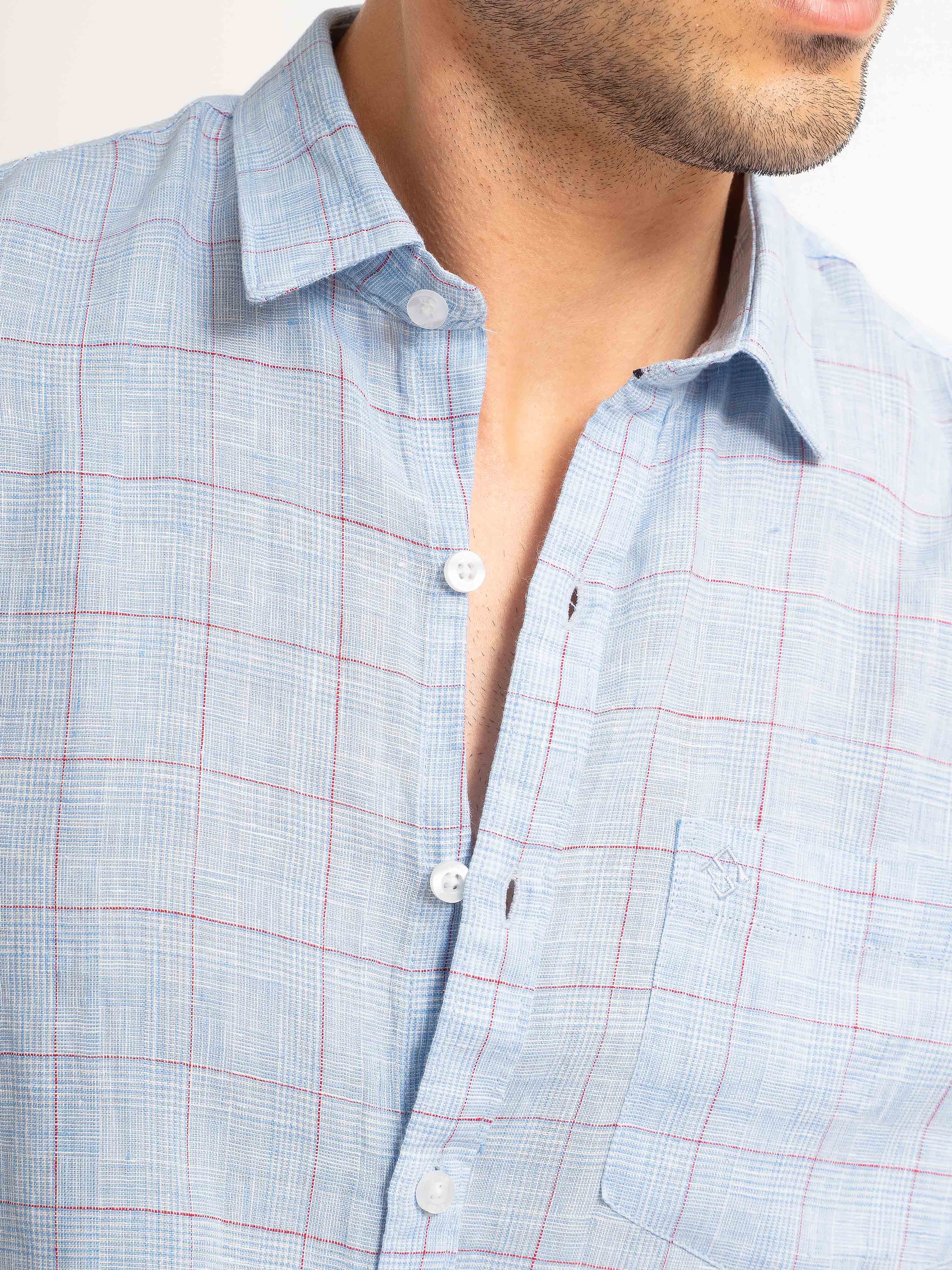 ST4U Men's Pure Linen Half Sleeve Checked Shirt – Sky Blue Checks