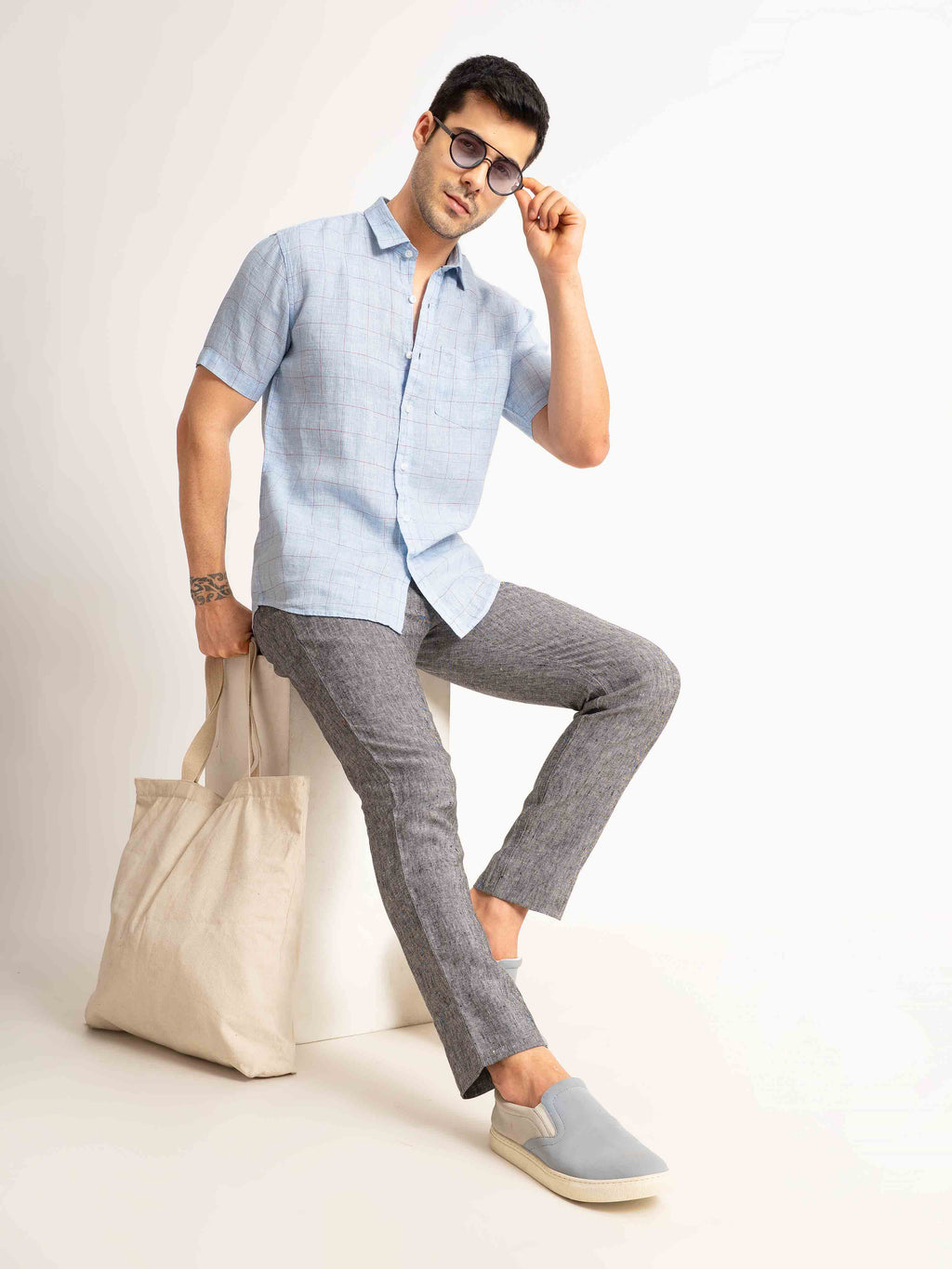 ST4U Men's Pure Linen Half Sleeve Checked Shirt – Sky Blue Checks