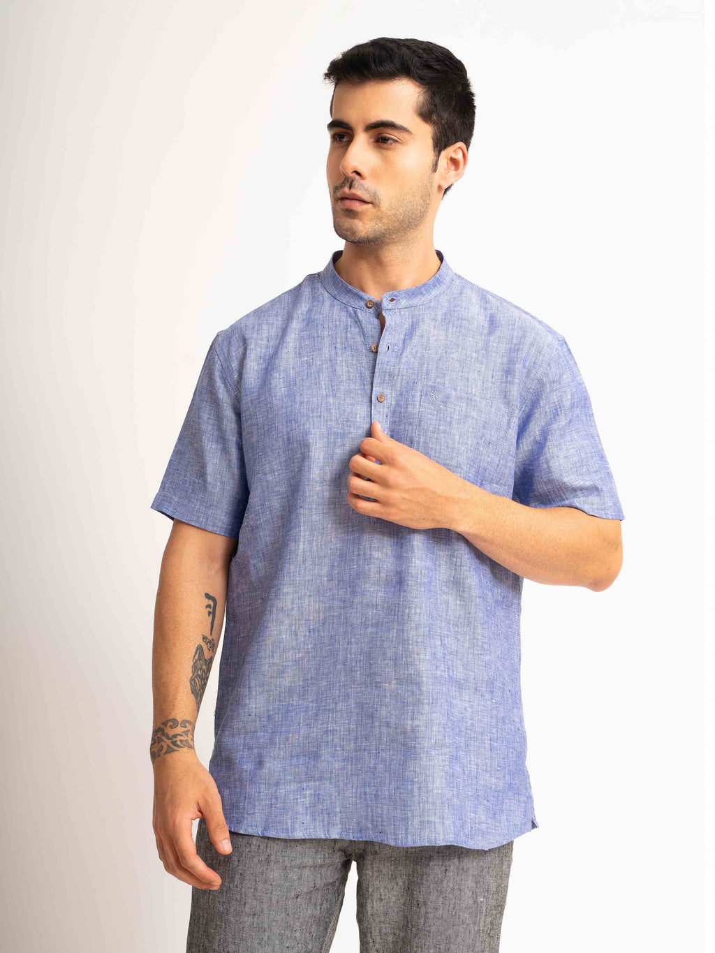 ST4U Men's Pure Linen Half Sleeve Chambray Short Kurta – Dark Blue