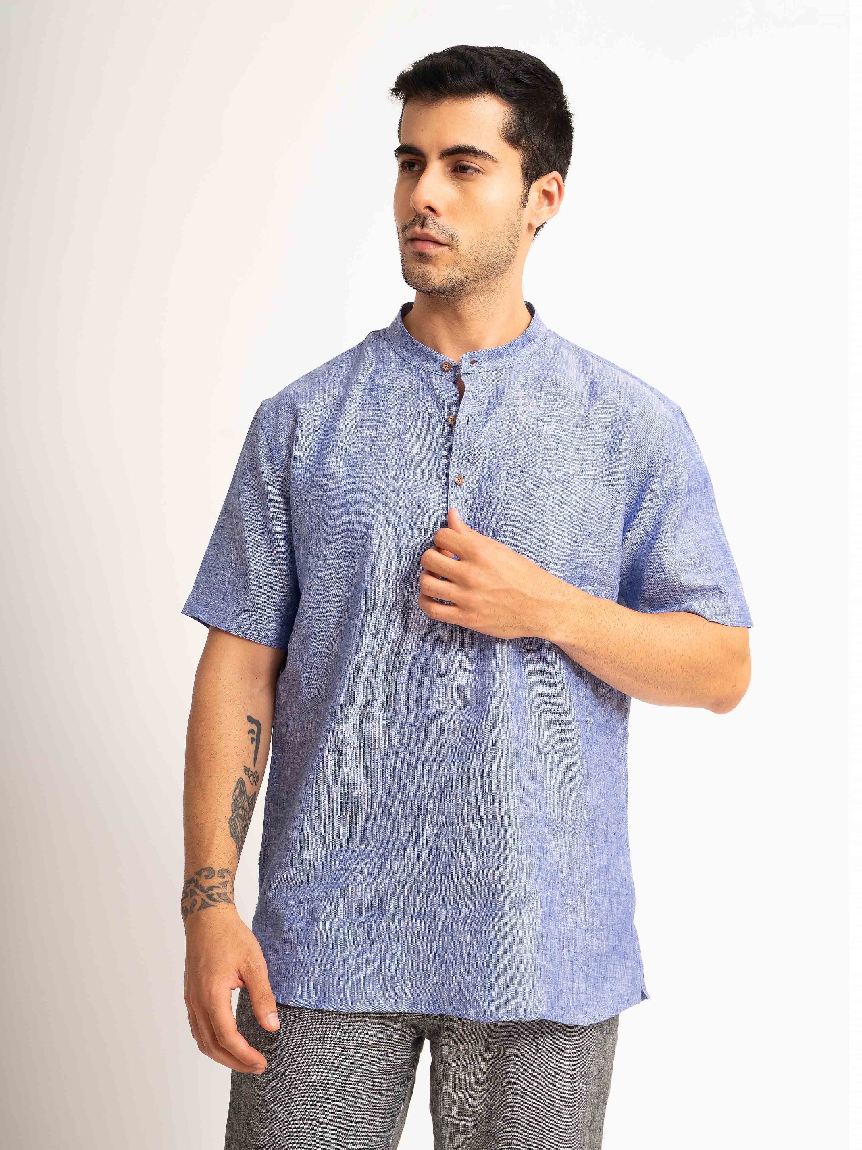 ST4U Men's Pure Linen Half Sleeve Chambray Short Kurta – Dark Blue