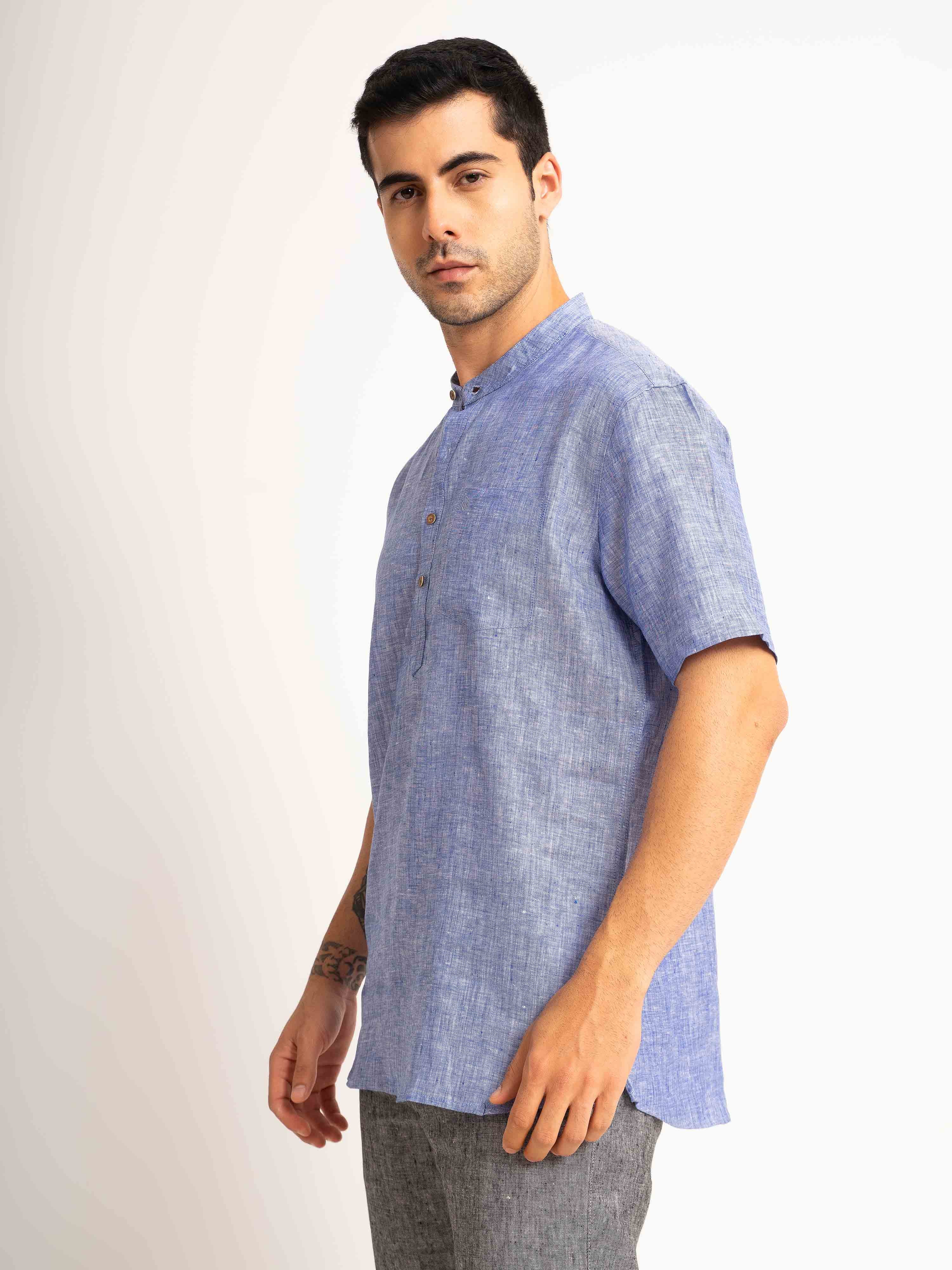 ST4U Men's Pure Linen Half Sleeve Chambray Short Kurta – Dark Blue