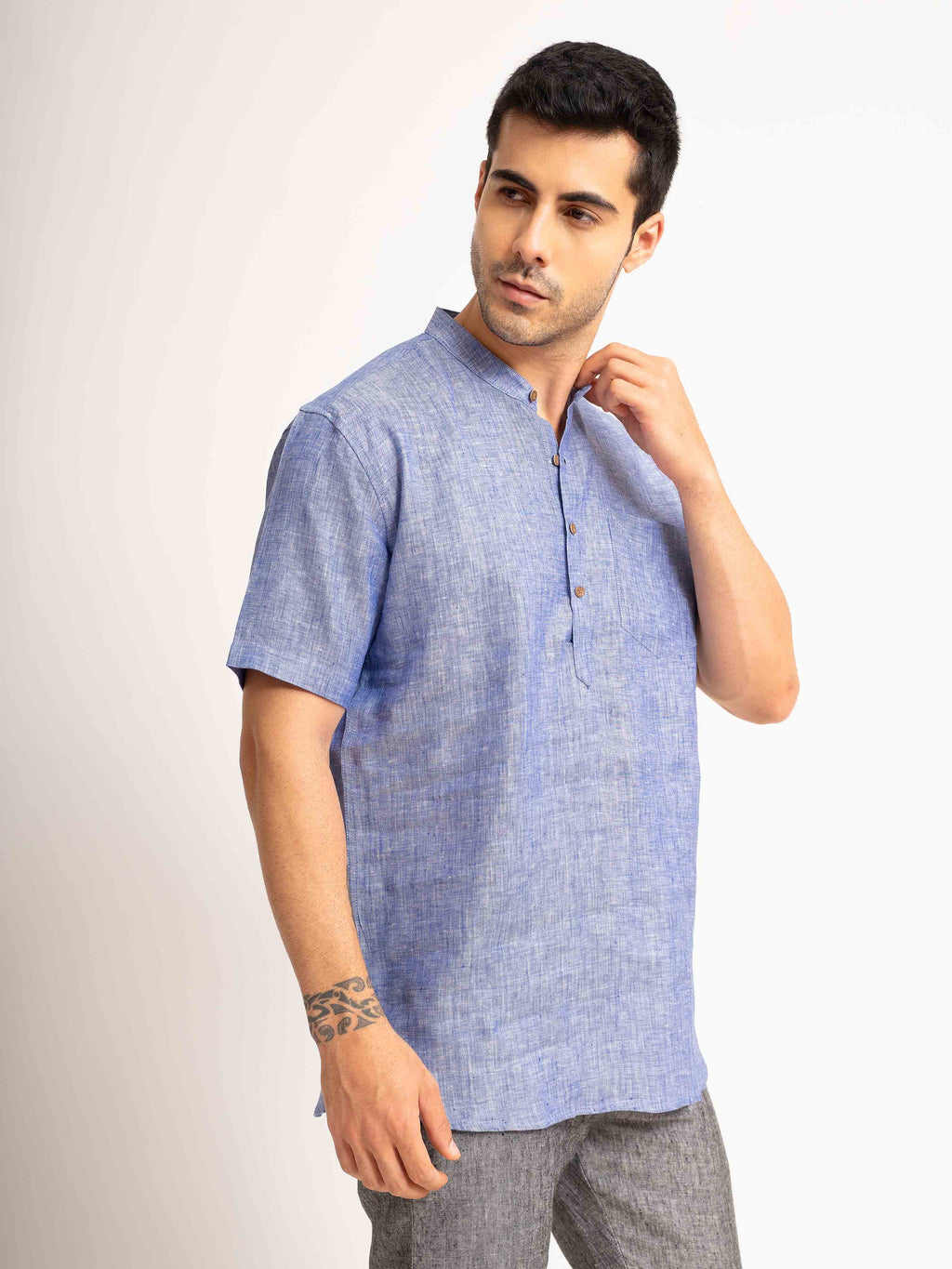 ST4U Men's Pure Linen Half Sleeve Chambray Short Kurta – Dark Blue