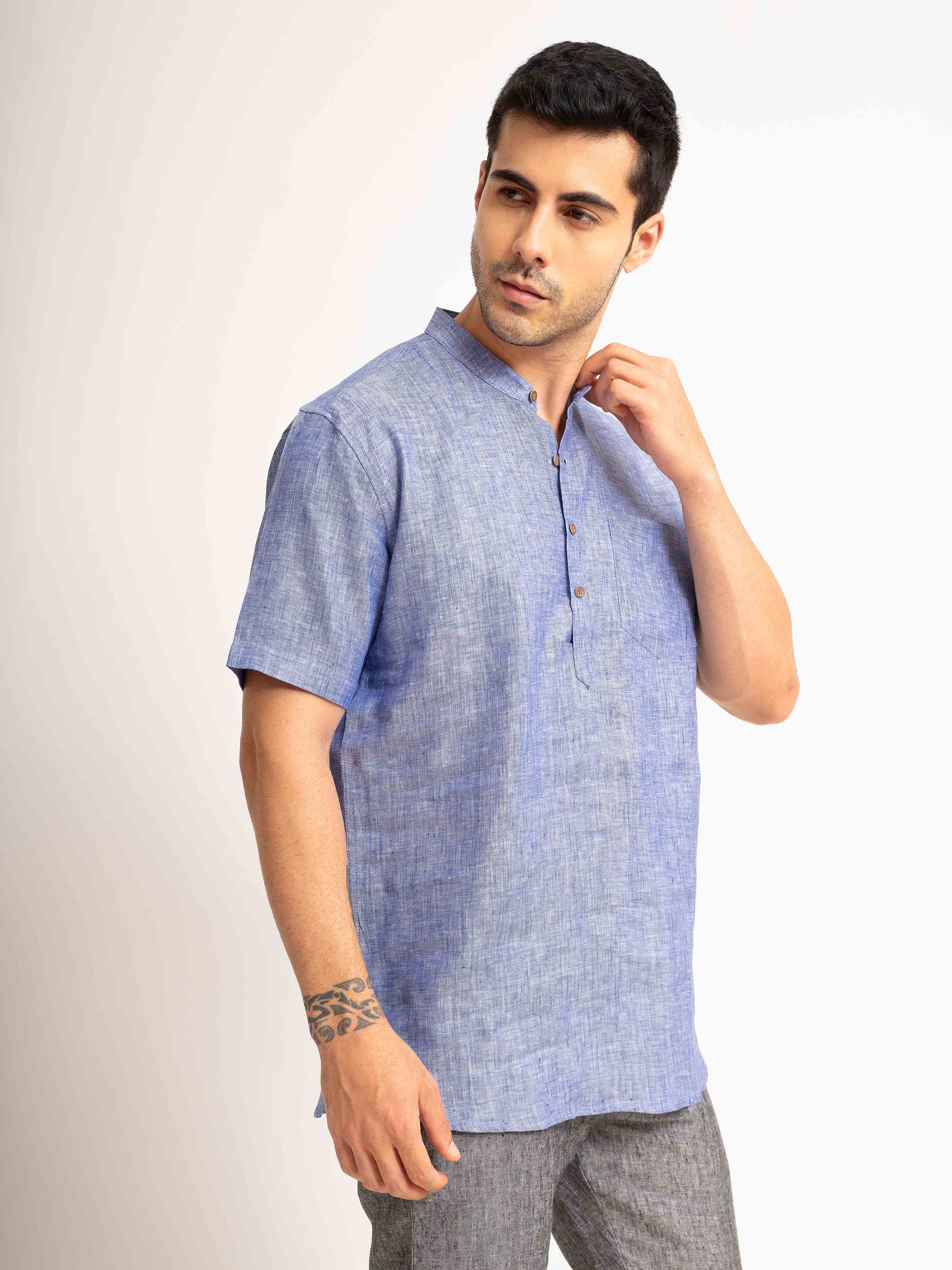 ST4U Men's Pure Linen Half Sleeve Chambray Short Kurta – Dark Blue