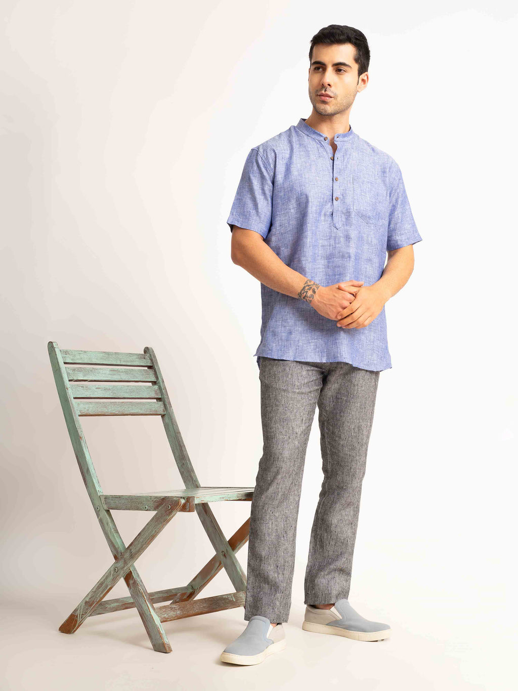 ST4U Men's Pure Linen Half Sleeve Chambray Short Kurta – Dark Blue