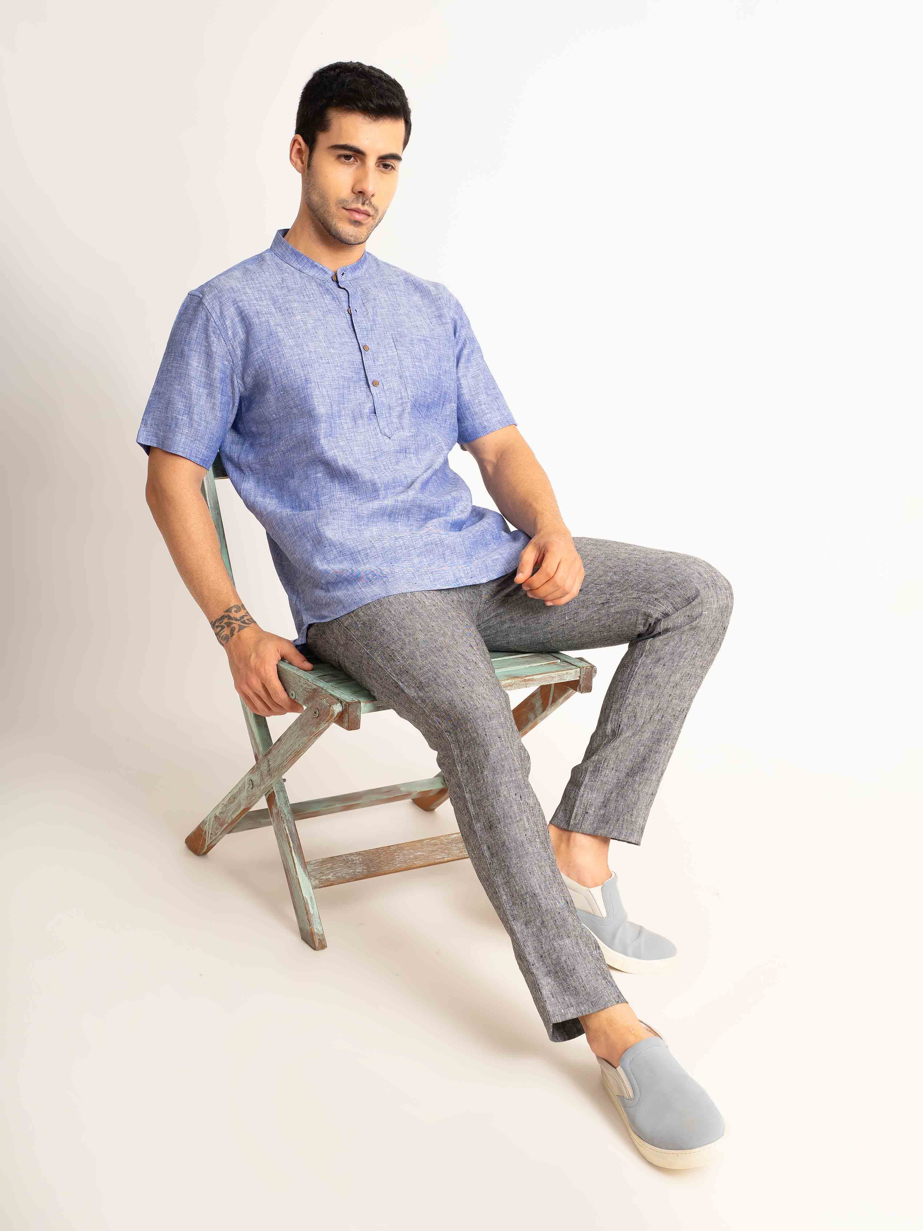 ST4U Men's Pure Linen Half Sleeve Chambray Short Kurta – Dark Blue