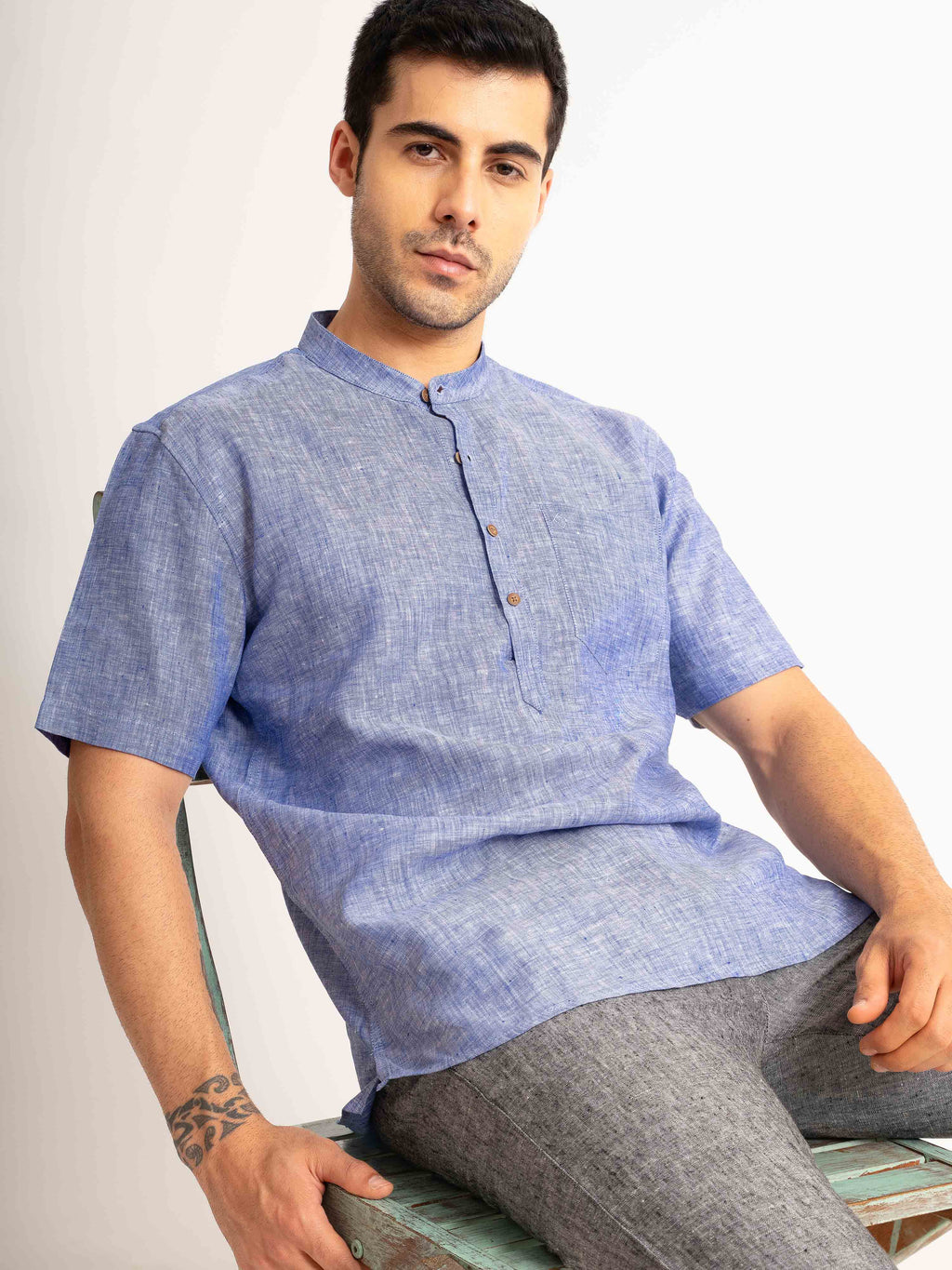 ST4U Men's Pure Linen Half Sleeve Chambray Short Kurta – Dark Blue