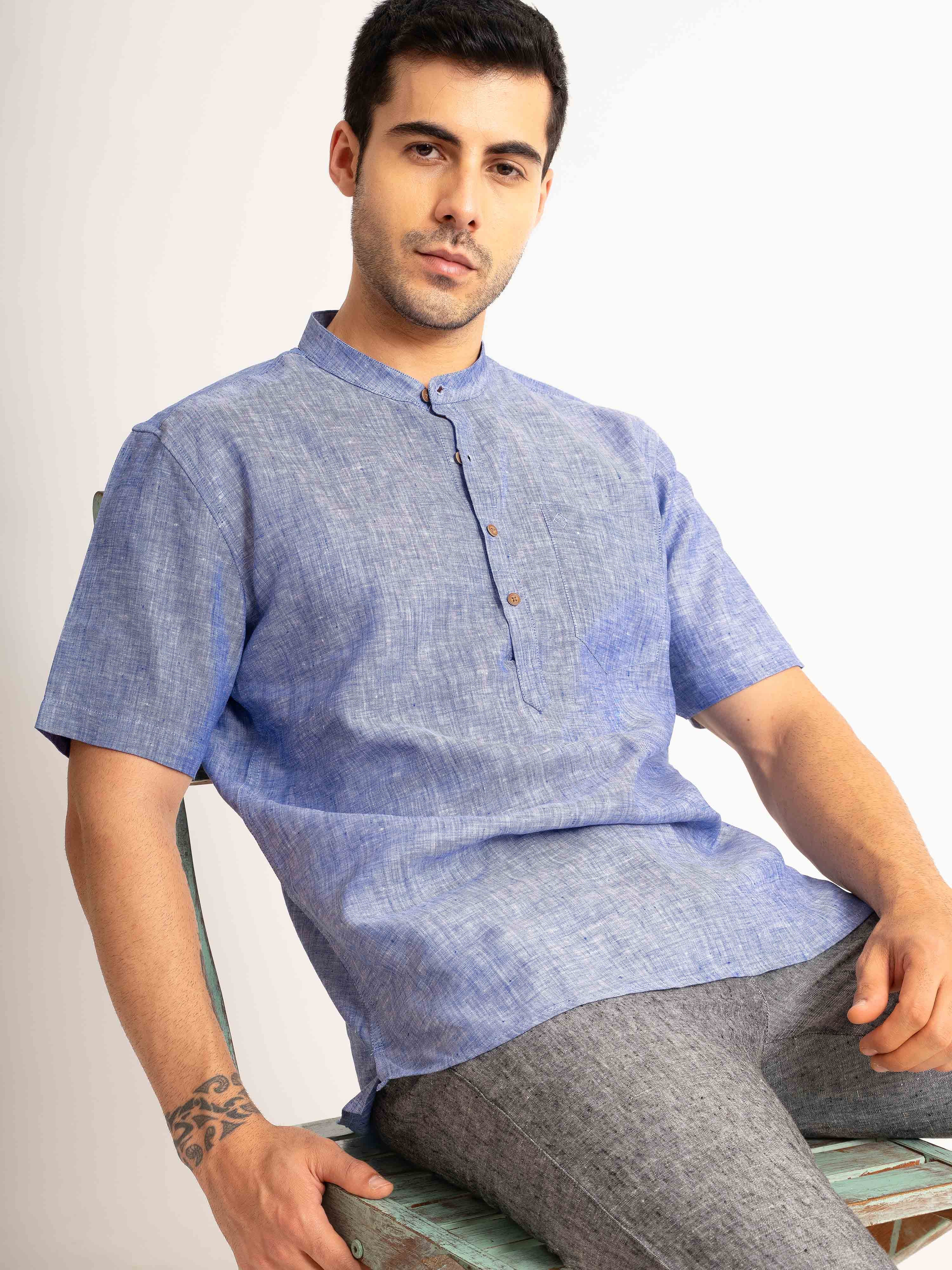 ST4U Men's Pure Linen Half Sleeve Chambray Short Kurta – Dark Blue