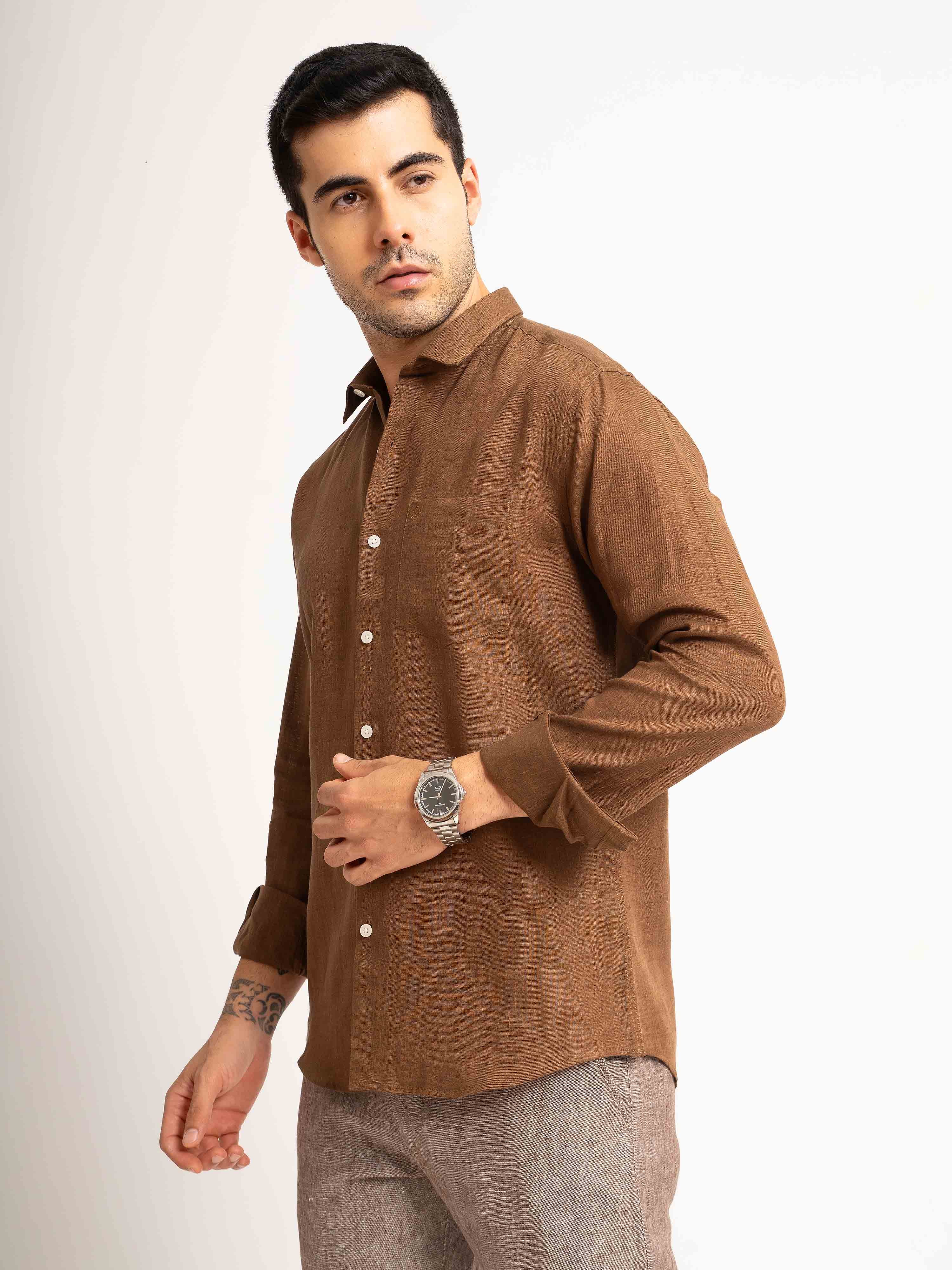 ST4U Men's Pure Linen Full Sleeve Shirt – Bronze Brown