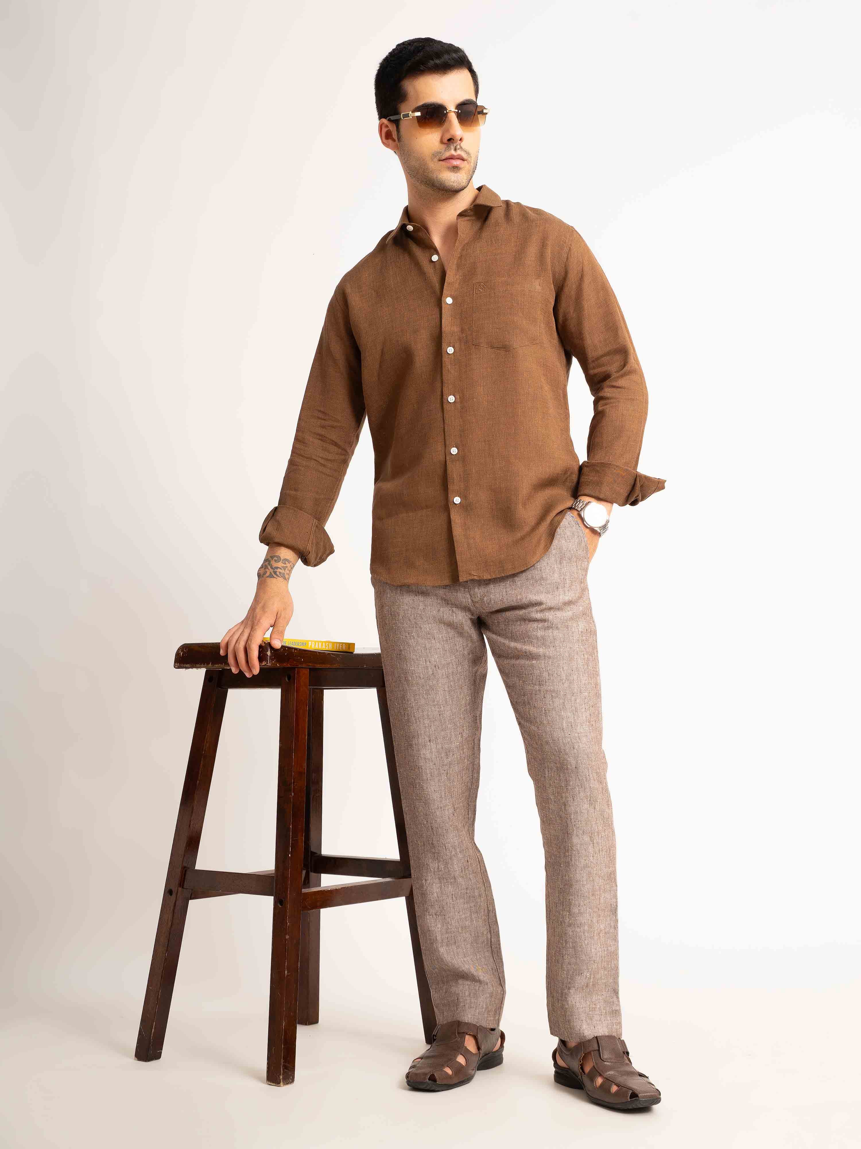 ST4U Men's Pure Linen Full Sleeve Shirt – Bronze Brown