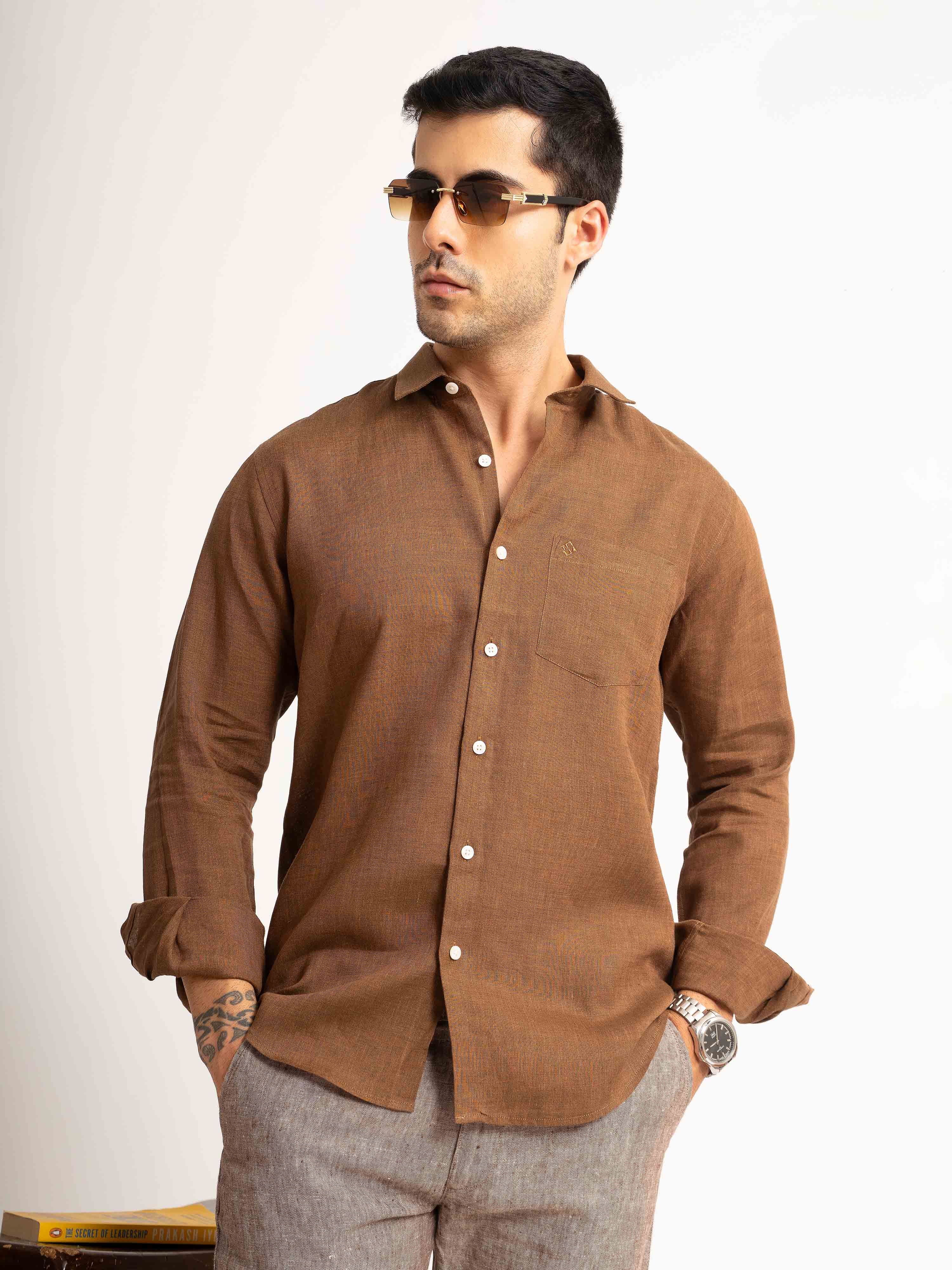 ST4U Men's Pure Linen Full Sleeve Shirt – Bronze Brown