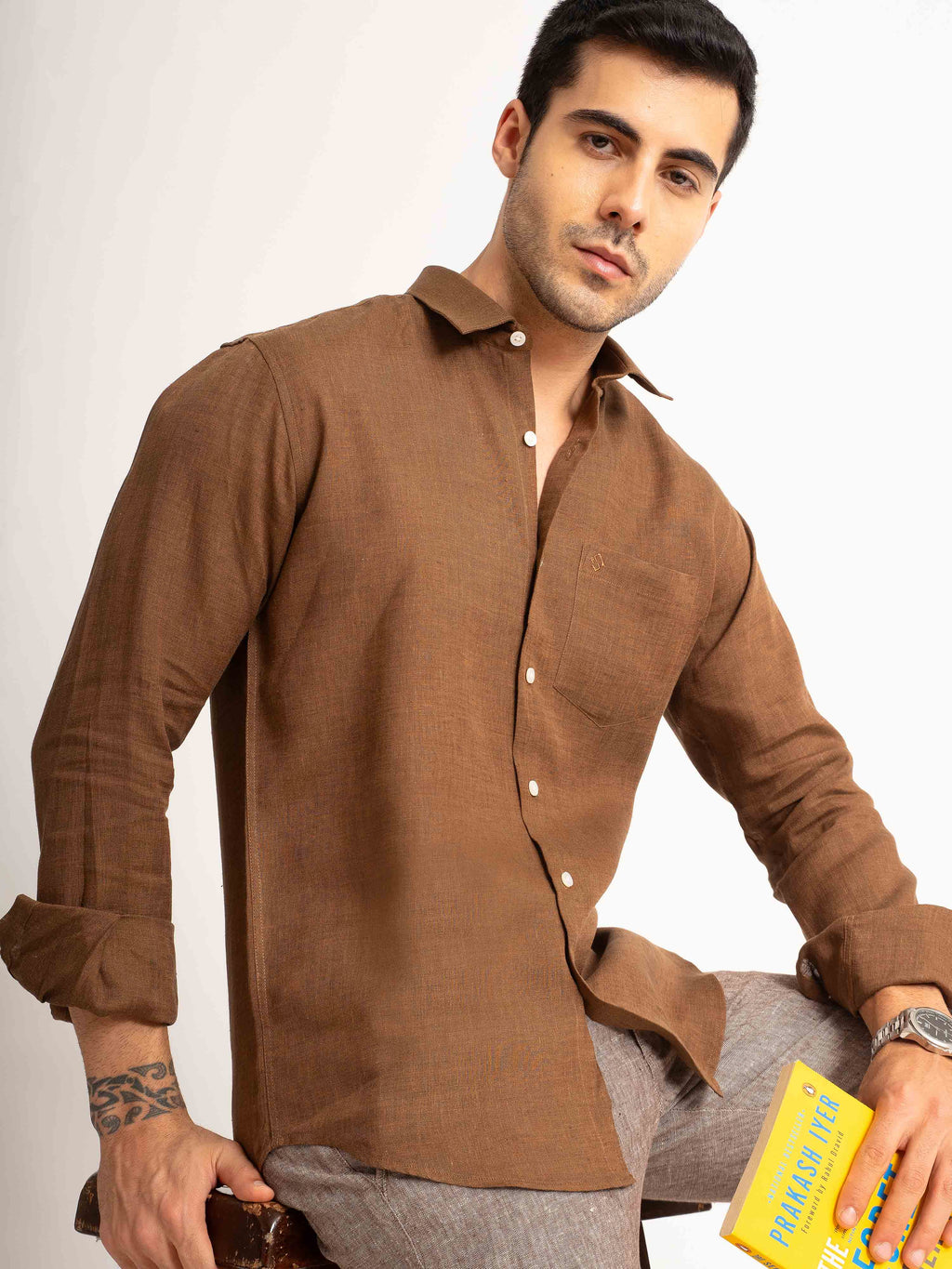 ST4U Men's Pure Linen Full Sleeve Shirt – Bronze Brown