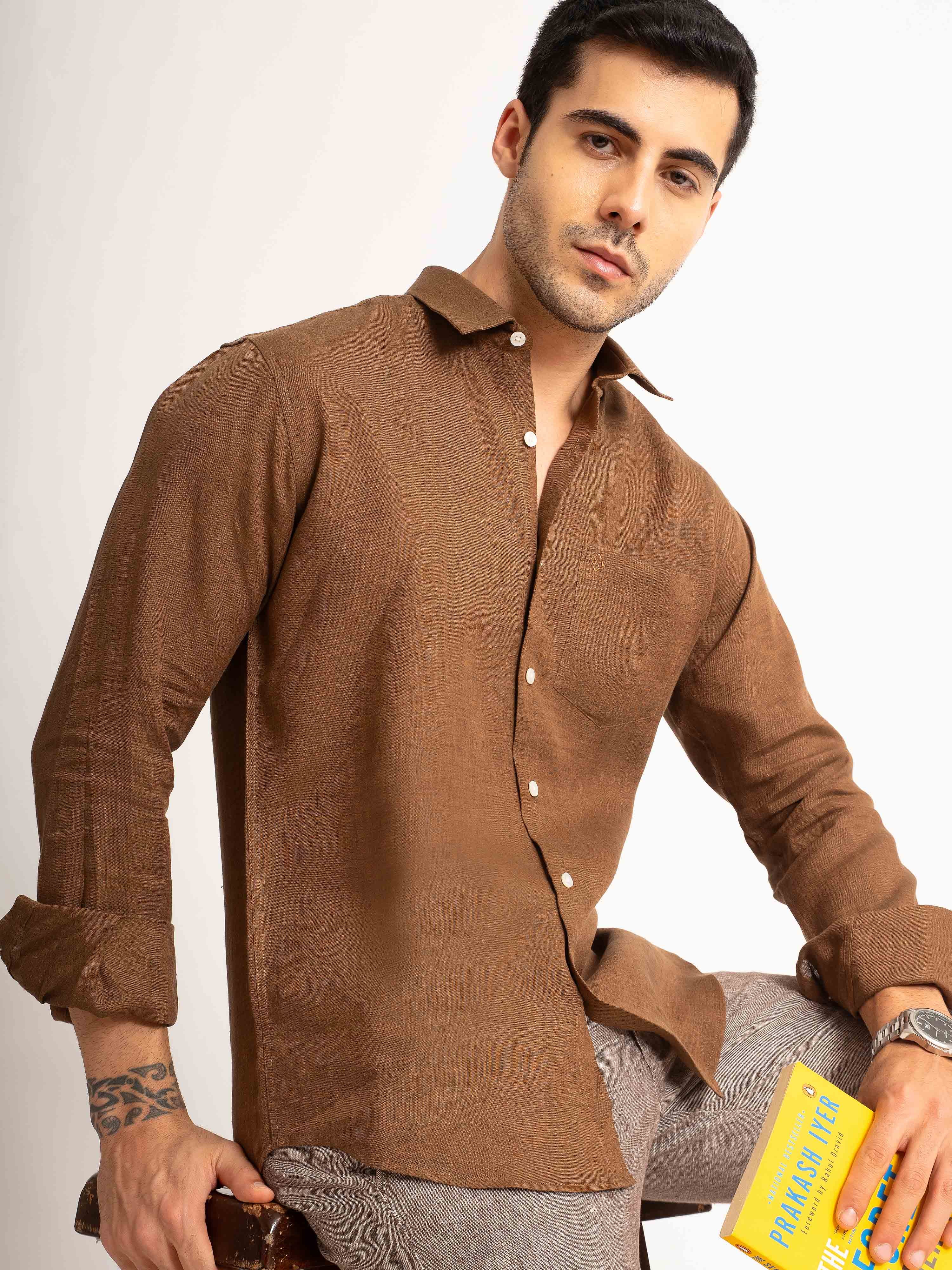 ST4U Men's Pure Linen Full Sleeve Shirt – Bronze Brown