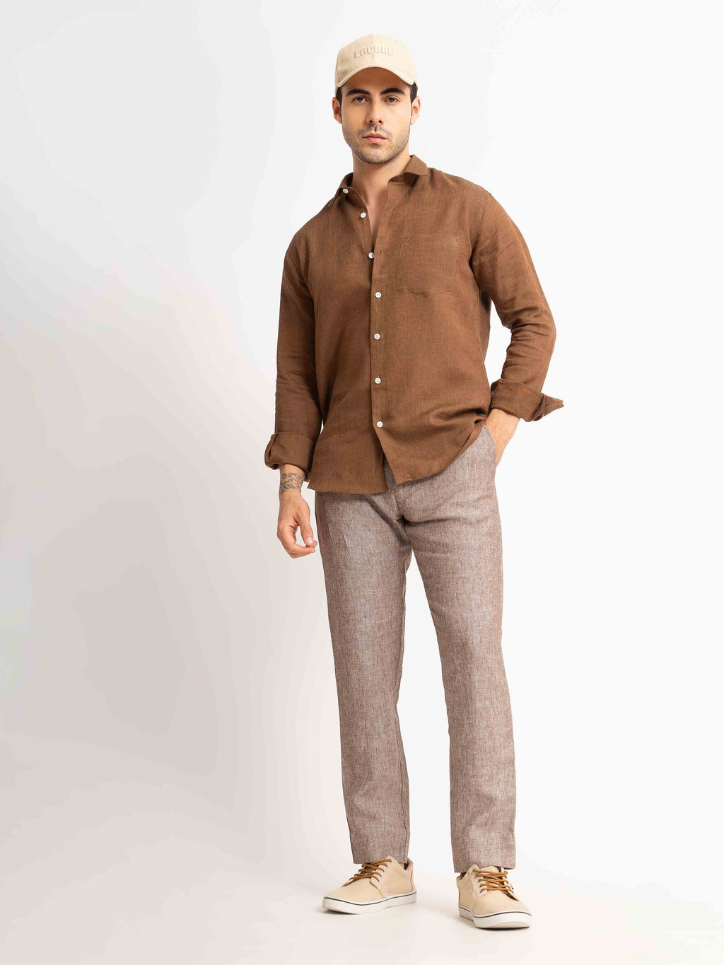 ST4U Men's Pure Linen Chambray Slim Fit Flat Front Trouser – Choco Brown