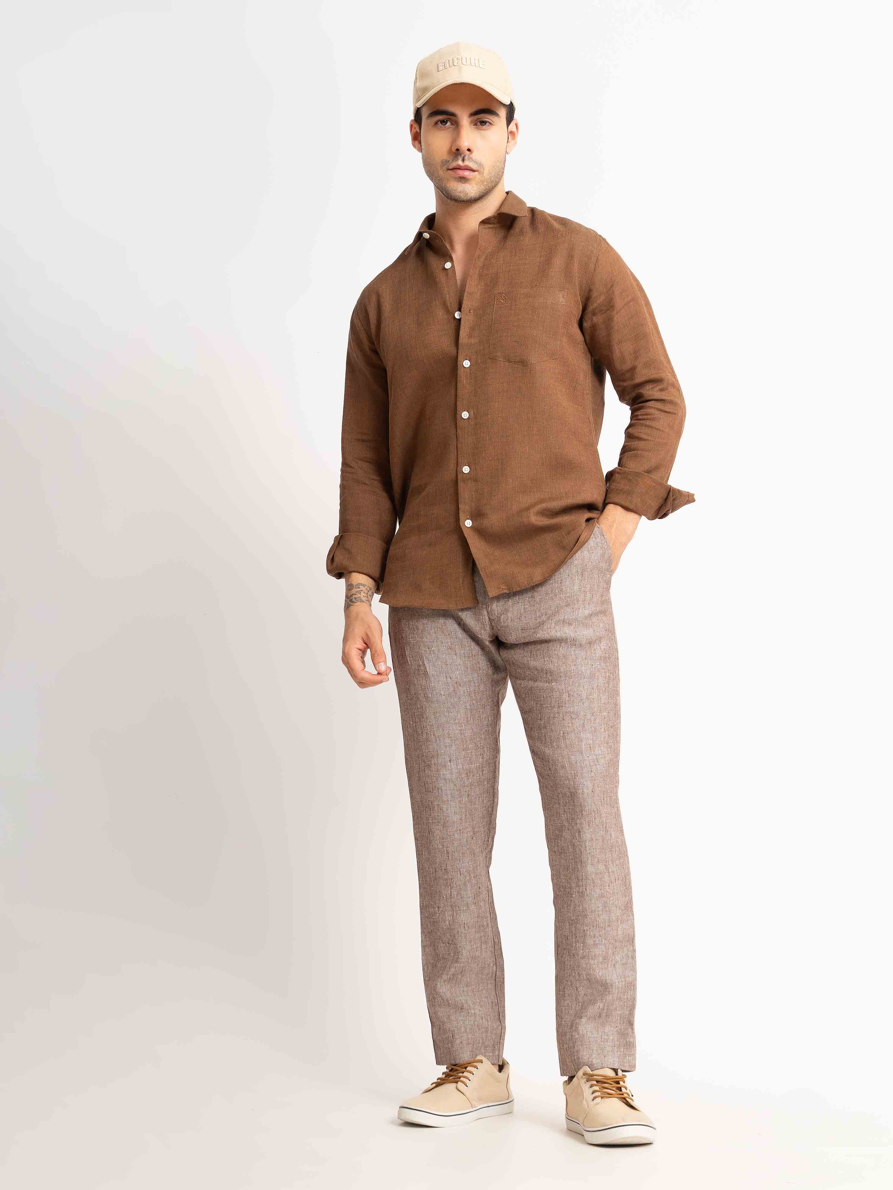 ST4U Men's Pure Linen Chambray Slim Fit Flat Front Trouser – Choco Brown