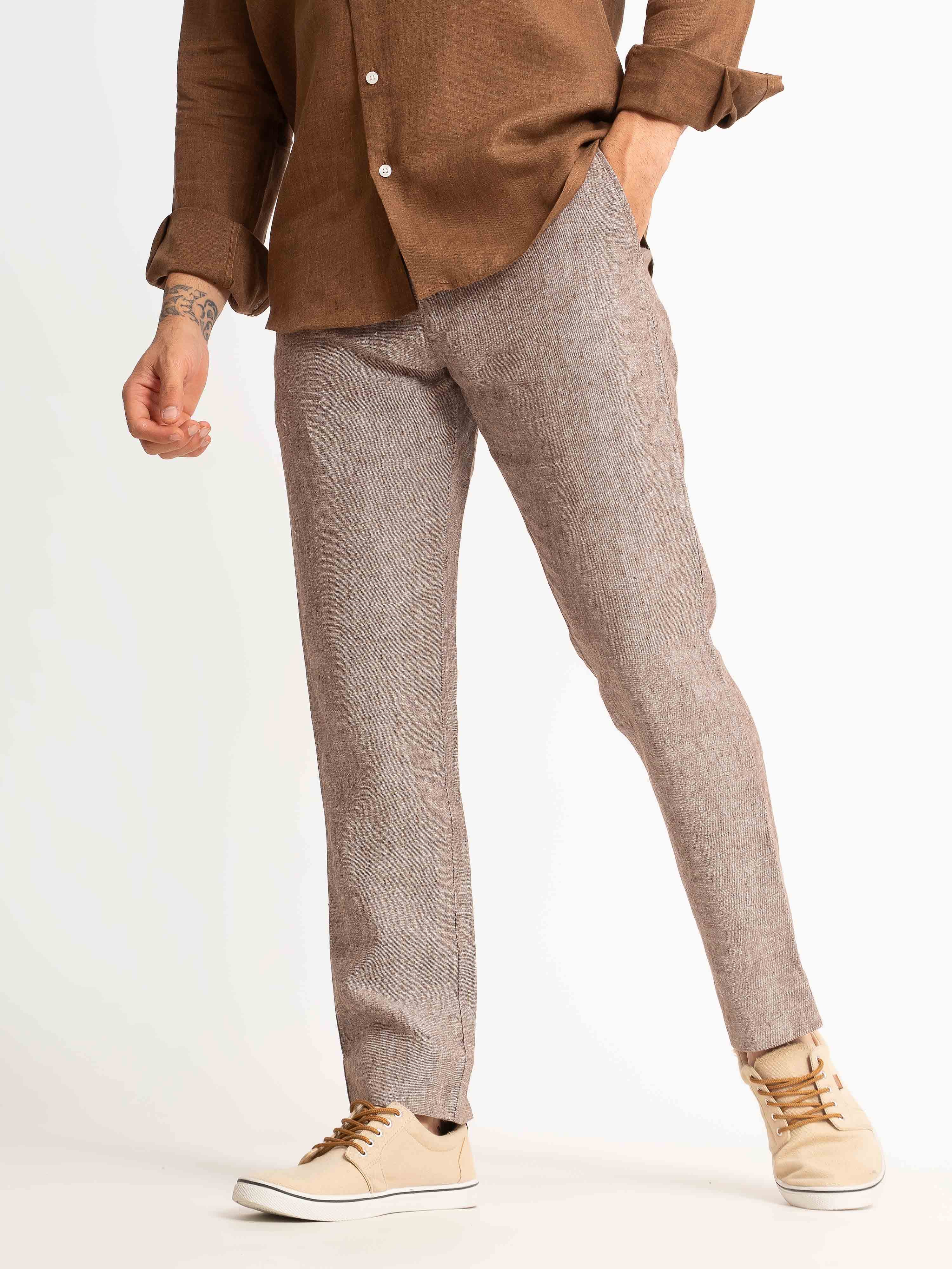 ST4U Men's Pure Linen Chambray Slim Fit Flat Front Trouser – Choco Brown