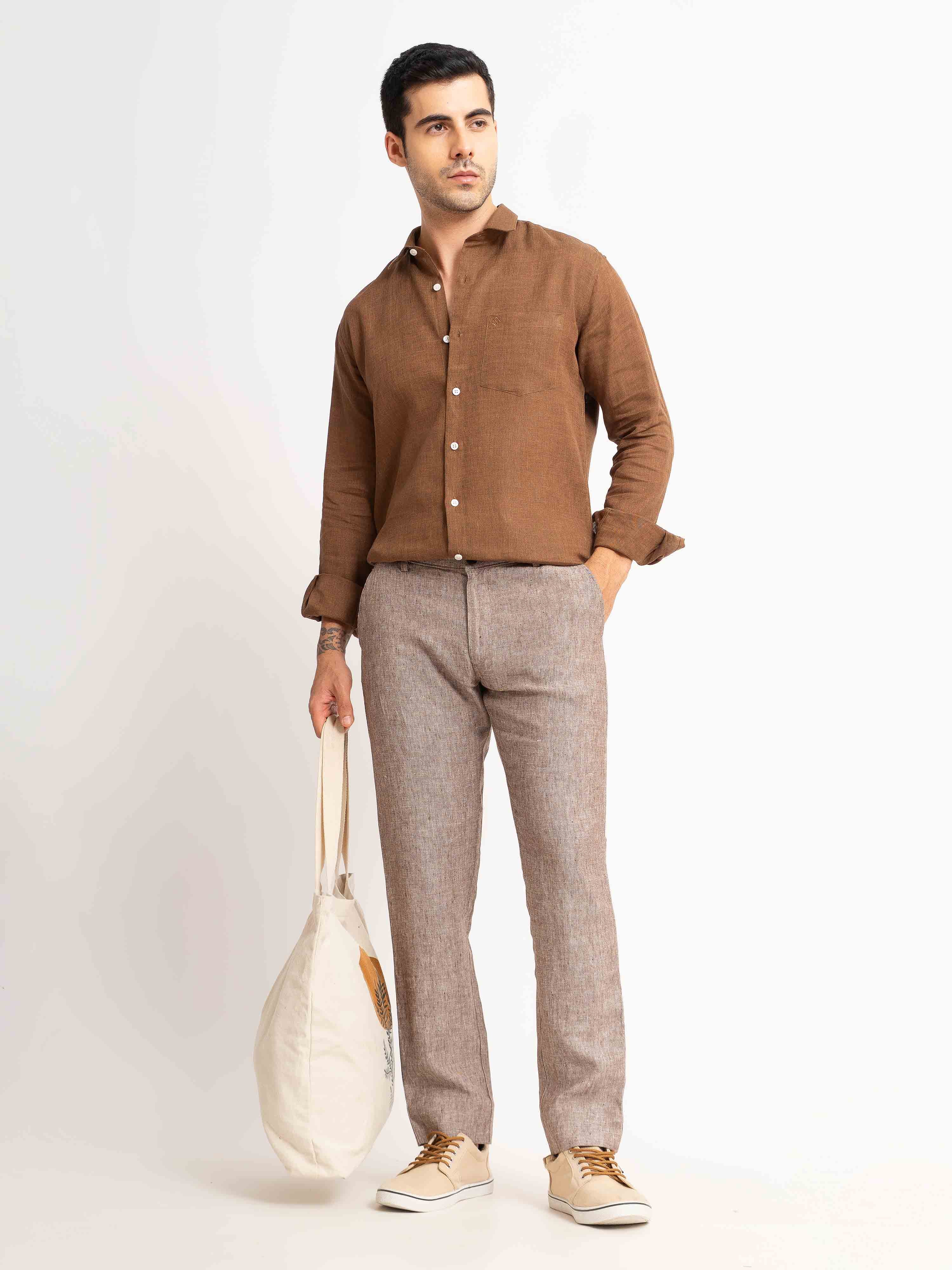 ST4U Men's Pure Linen Chambray Slim Fit Flat Front Trouser – Choco Brown