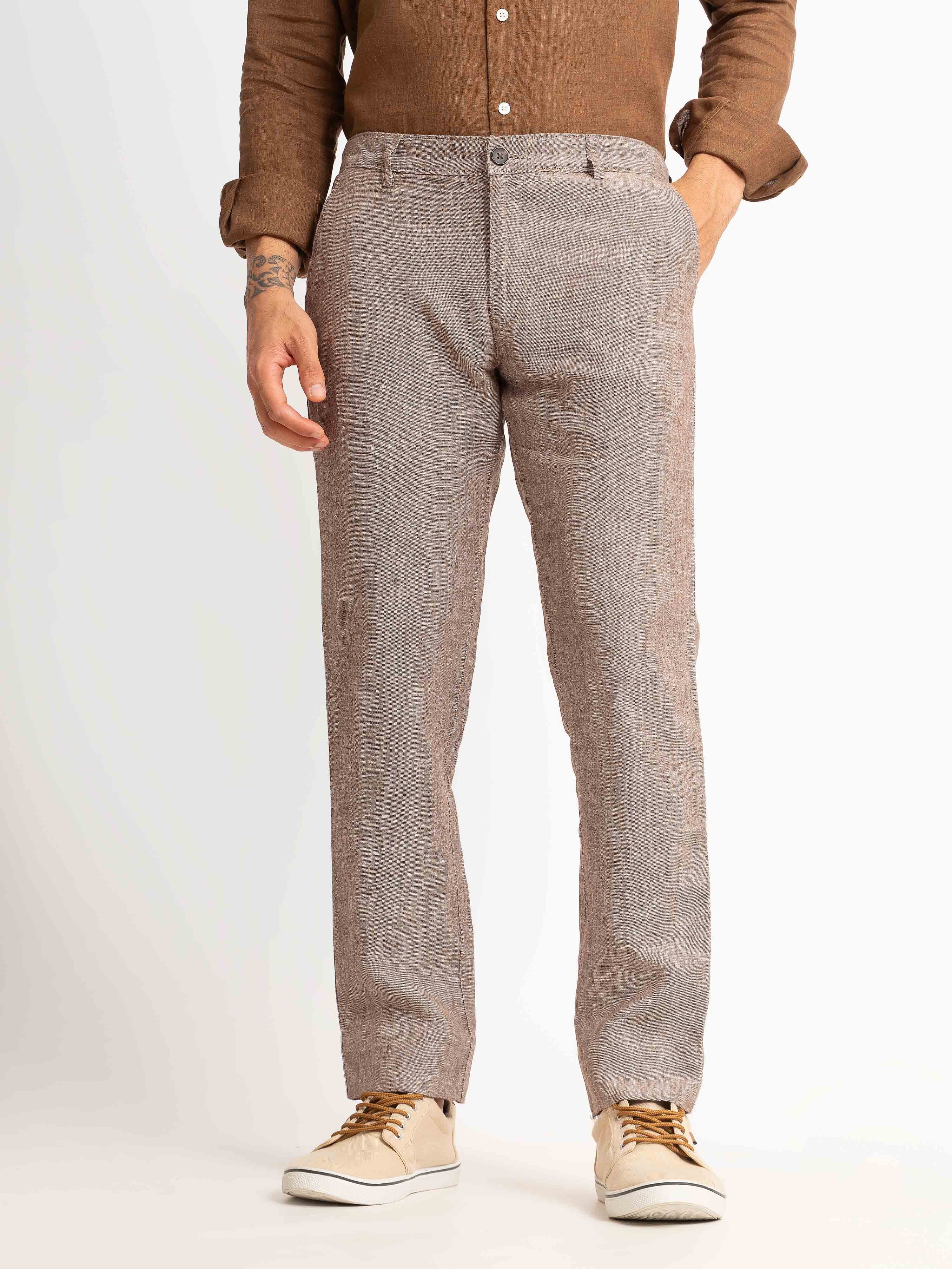 ST4U Men's Pure Linen Chambray Slim Fit Flat Front Trouser – Choco Brown