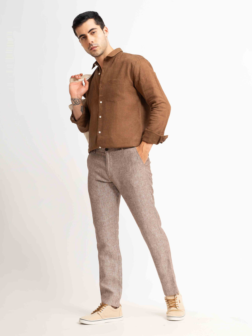 ST4U Men's Pure Linen Chambray Slim Fit Flat Front Trouser – Choco Brown