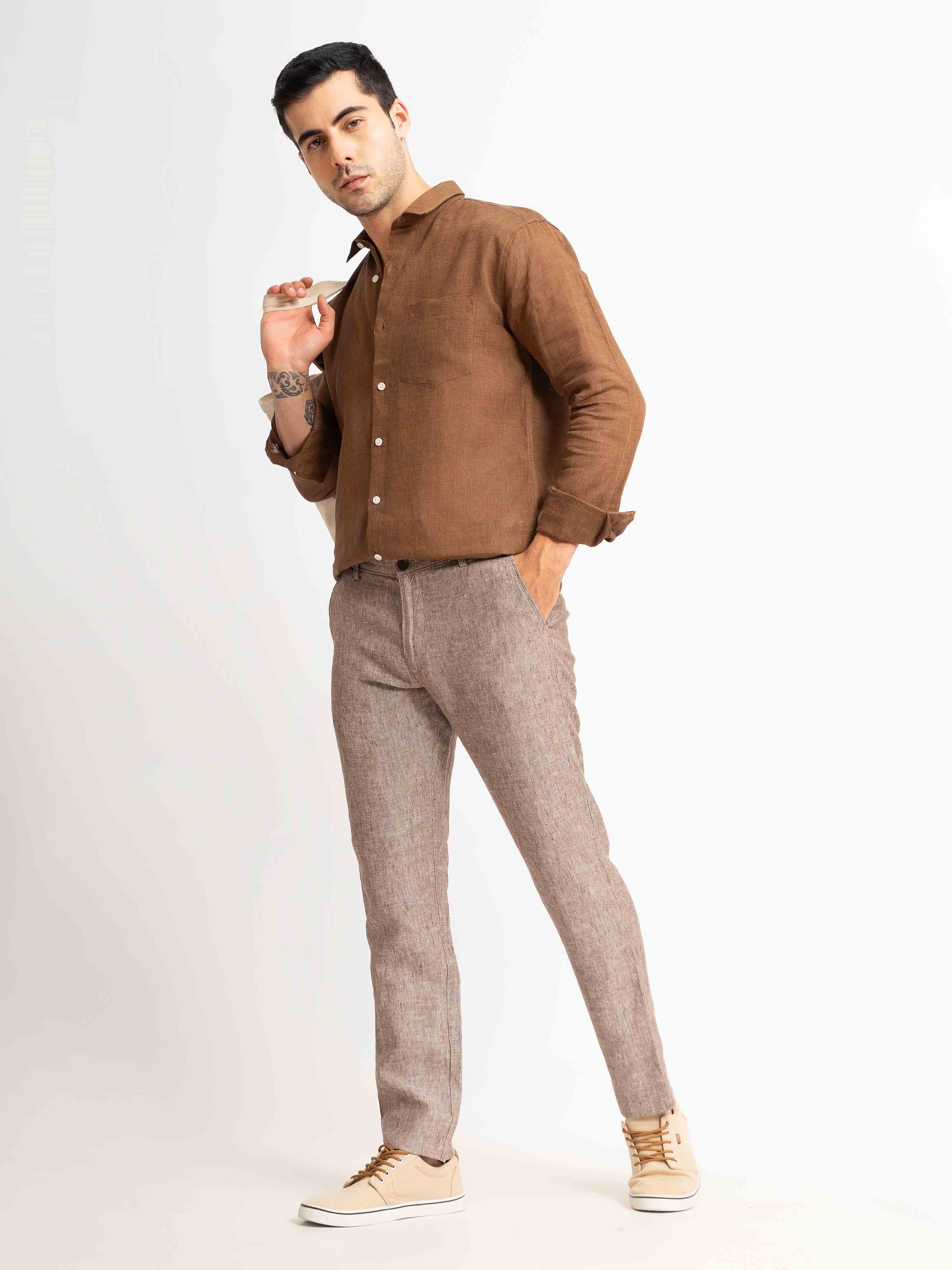 ST4U Men's Pure Linen Chambray Slim Fit Flat Front Trouser – Choco Brown