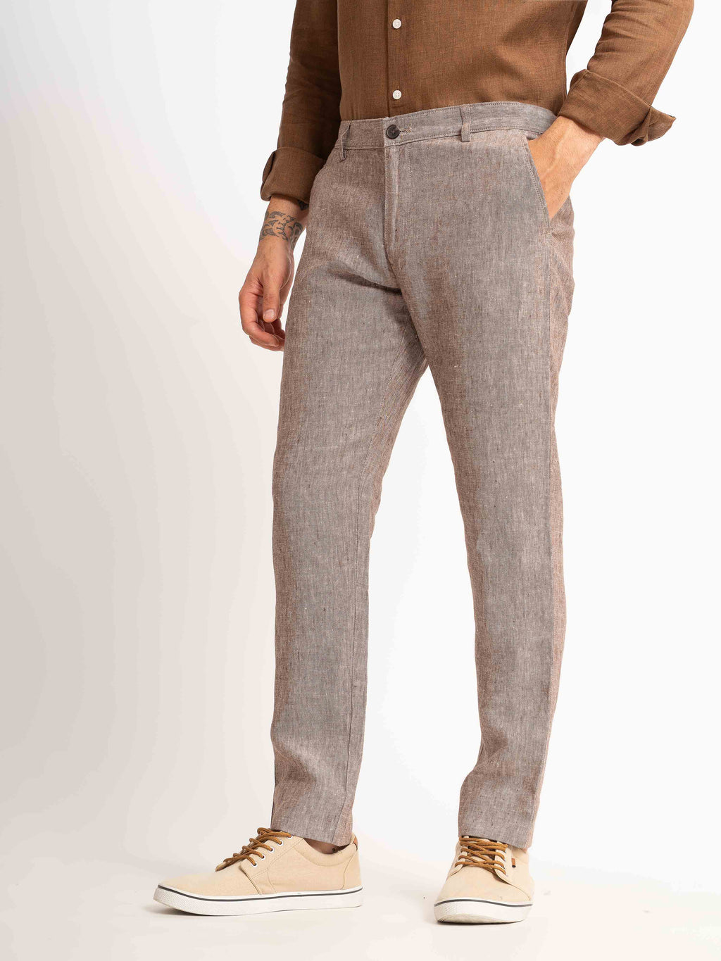 ST4U Men's Pure Linen Chambray Slim Fit Flat Front Trouser – Choco Brown