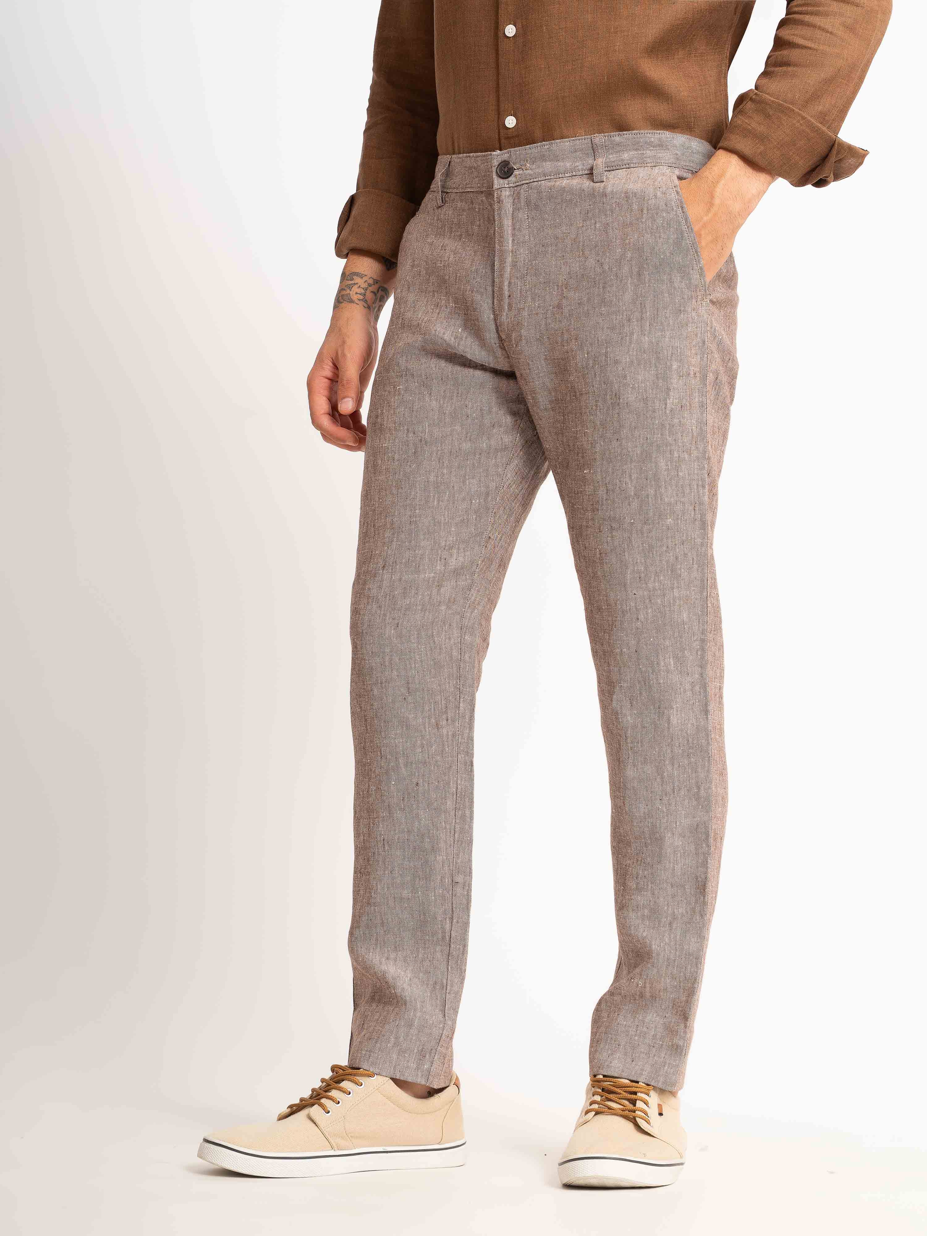 ST4U Men's Pure Linen Chambray Slim Fit Flat Front Trouser – Choco Brown