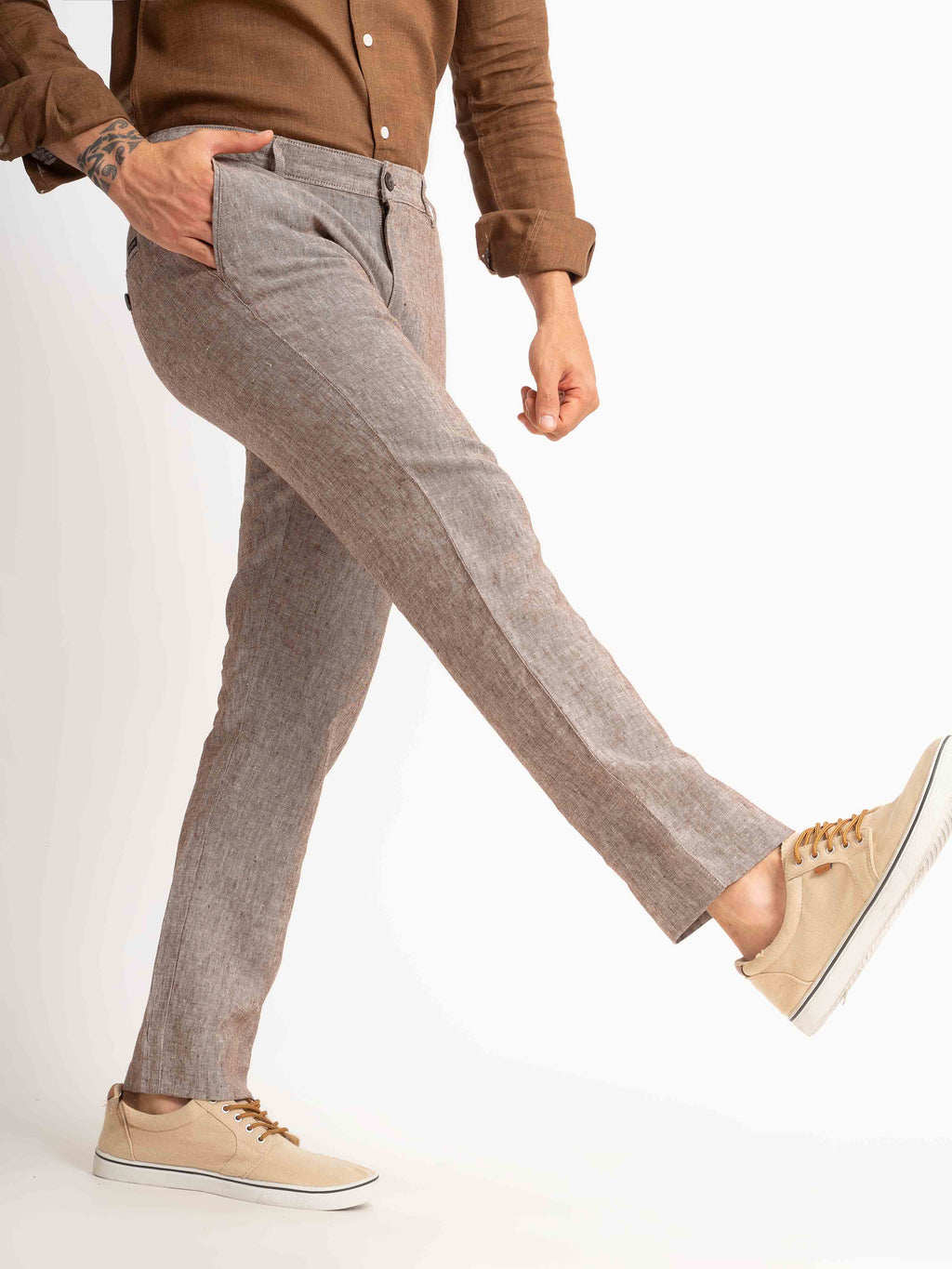 ST4U Men's Pure Linen Chambray Slim Fit Flat Front Trouser – Choco Brown
