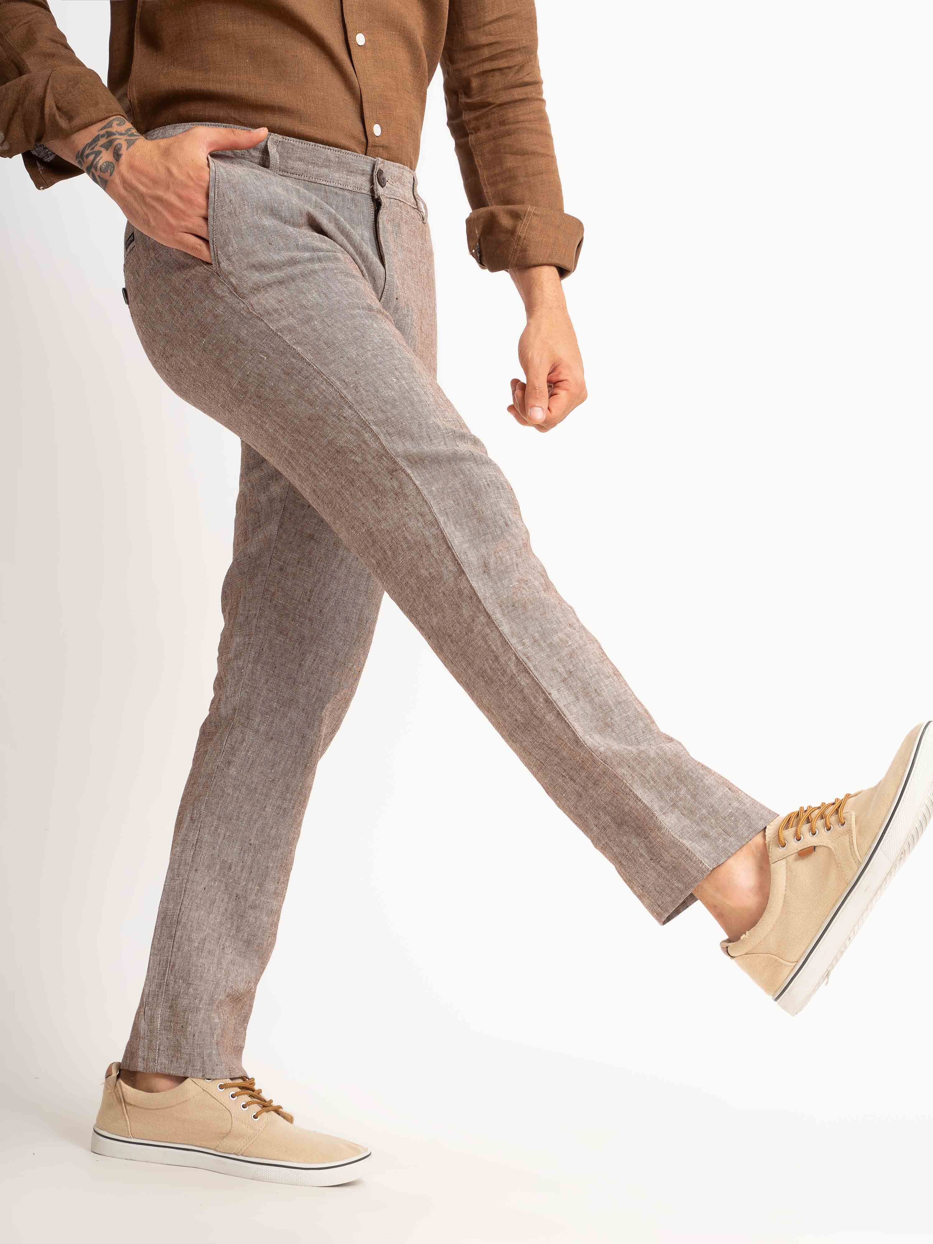 ST4U Men's Pure Linen Chambray Slim Fit Flat Front Trouser – Choco Brown