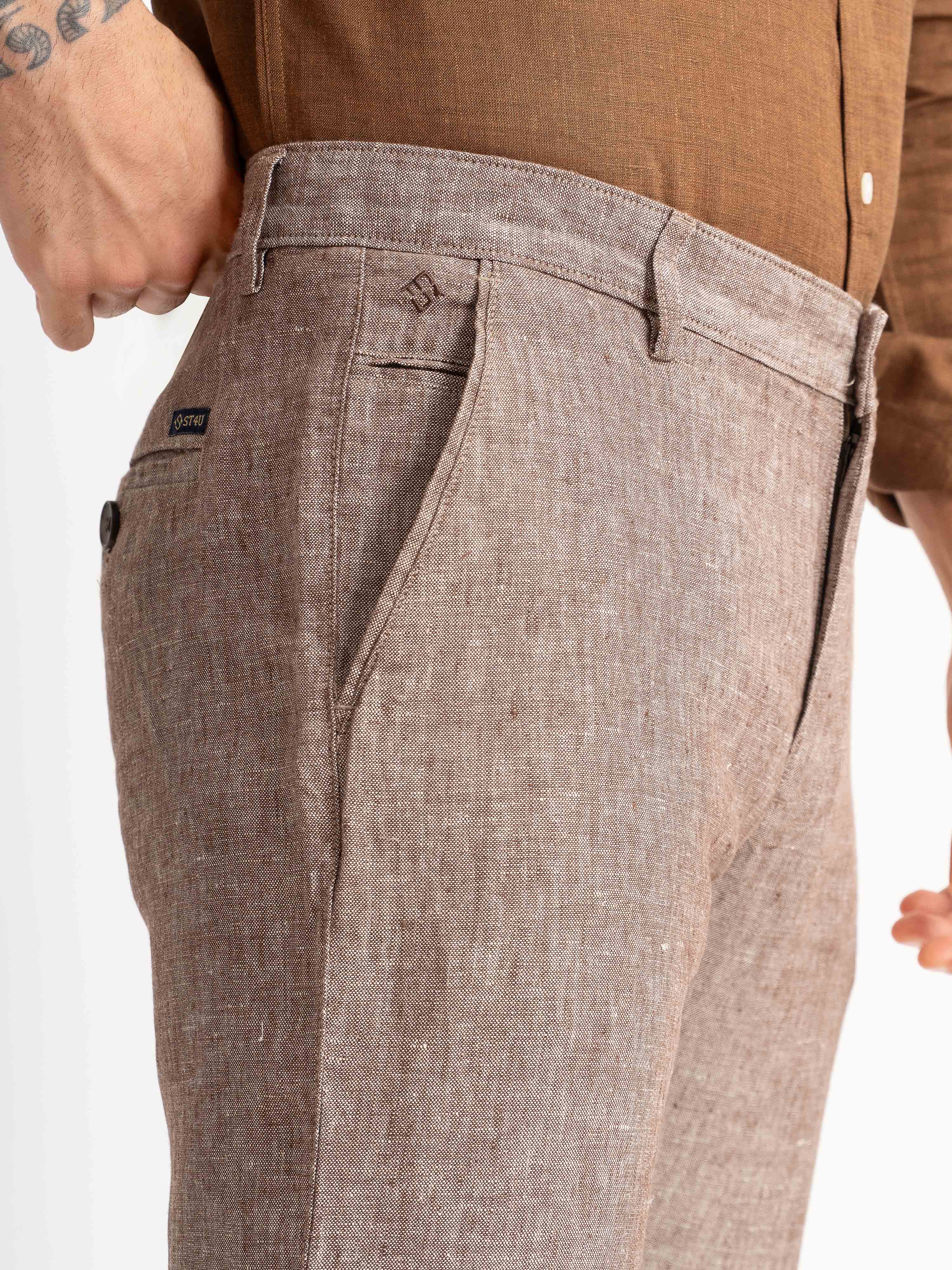 ST4U Men's Pure Linen Chambray Slim Fit Flat Front Trouser – Choco Brown