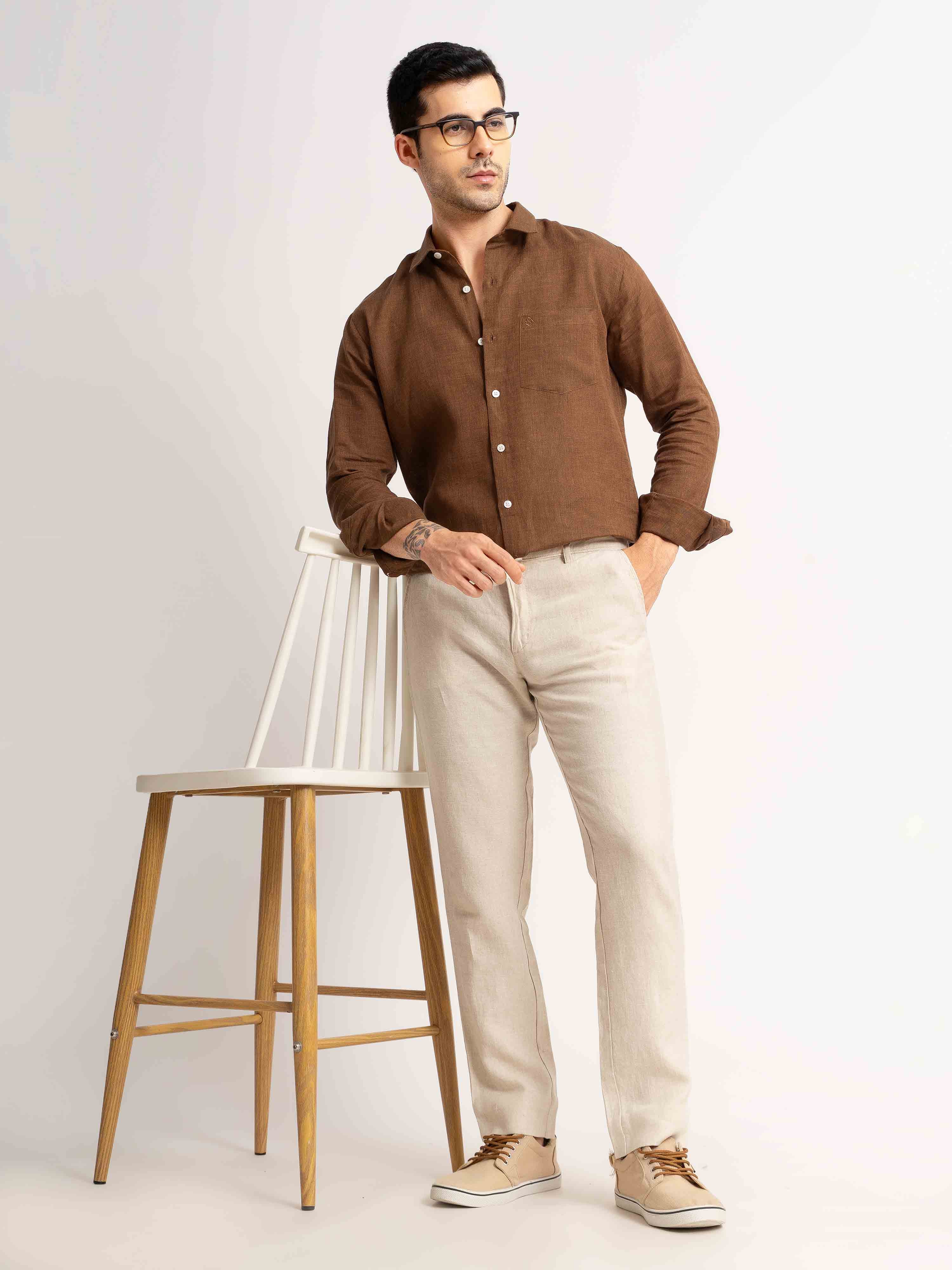 ST4U Men's Pure Linen Chambray Slim Fit Flat Front Trouser – Natural