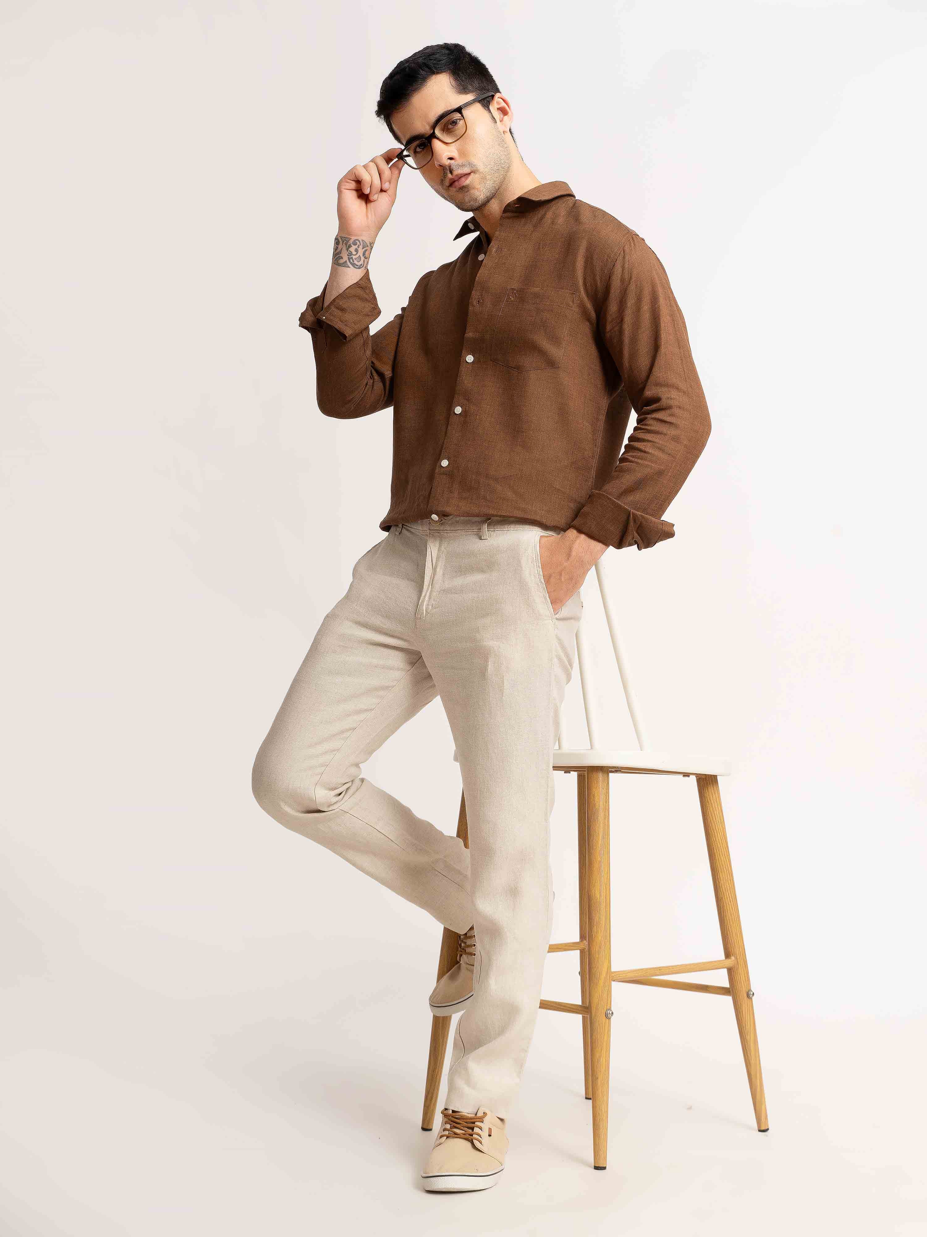 ST4U Men's Pure Linen Chambray Slim Fit Flat Front Trouser – Natural