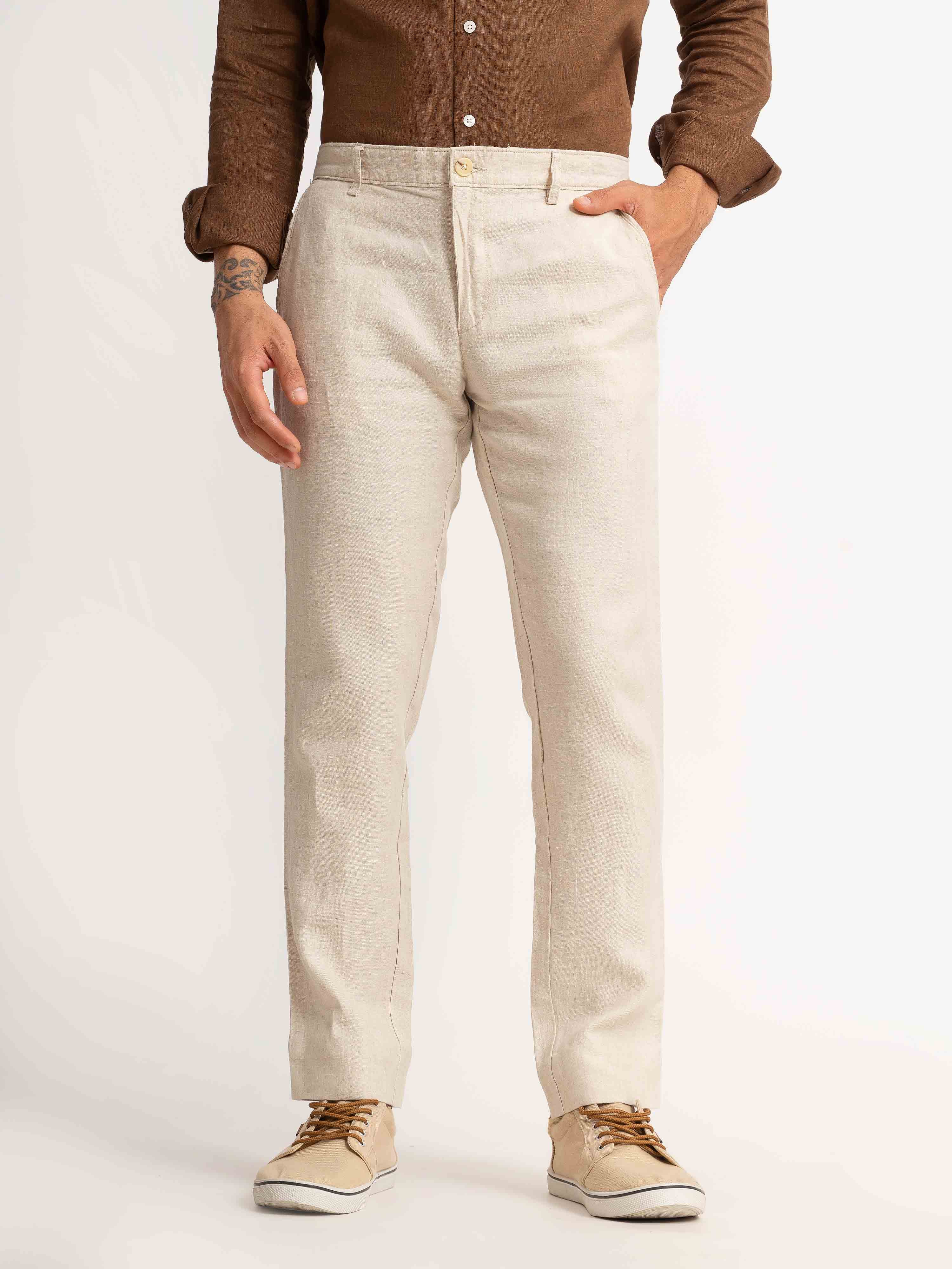 ST4U Men's Pure Linen Chambray Slim Fit Flat Front Trouser – Natural