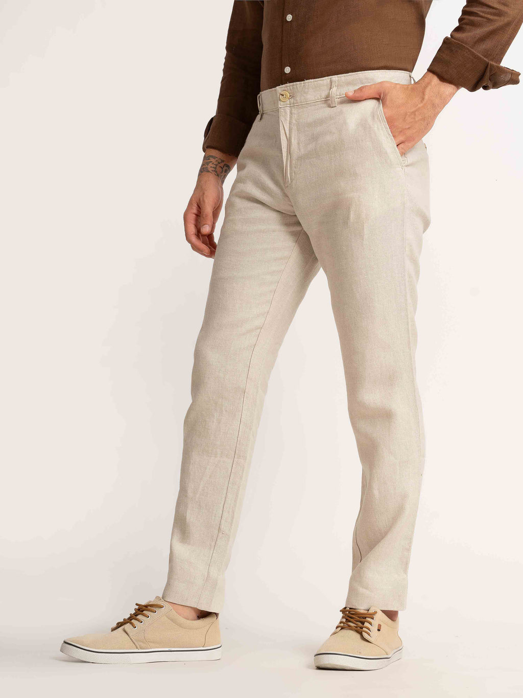 ST4U Men's Pure Linen Chambray Slim Fit Flat Front Trouser – Natural