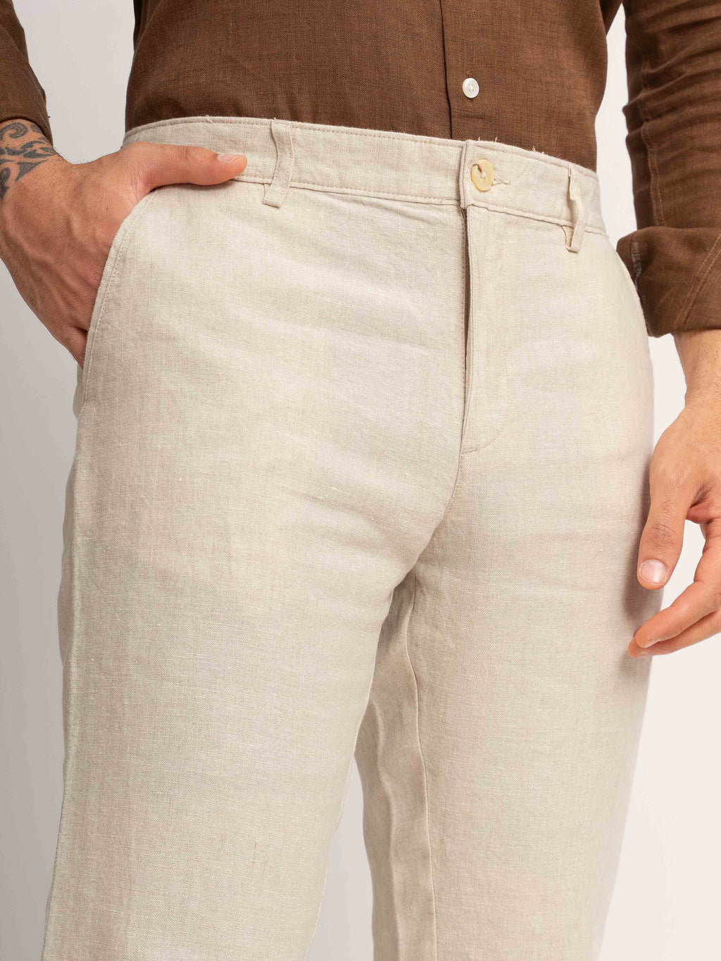 ST4U Men's Pure Linen Chambray Slim Fit Flat Front Trouser – Natural