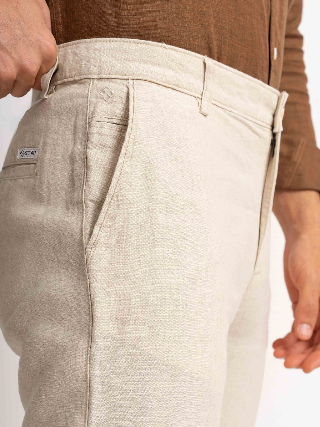 ST4U Men's Pure Linen Chambray Slim Fit Flat Front Trouser – Natural