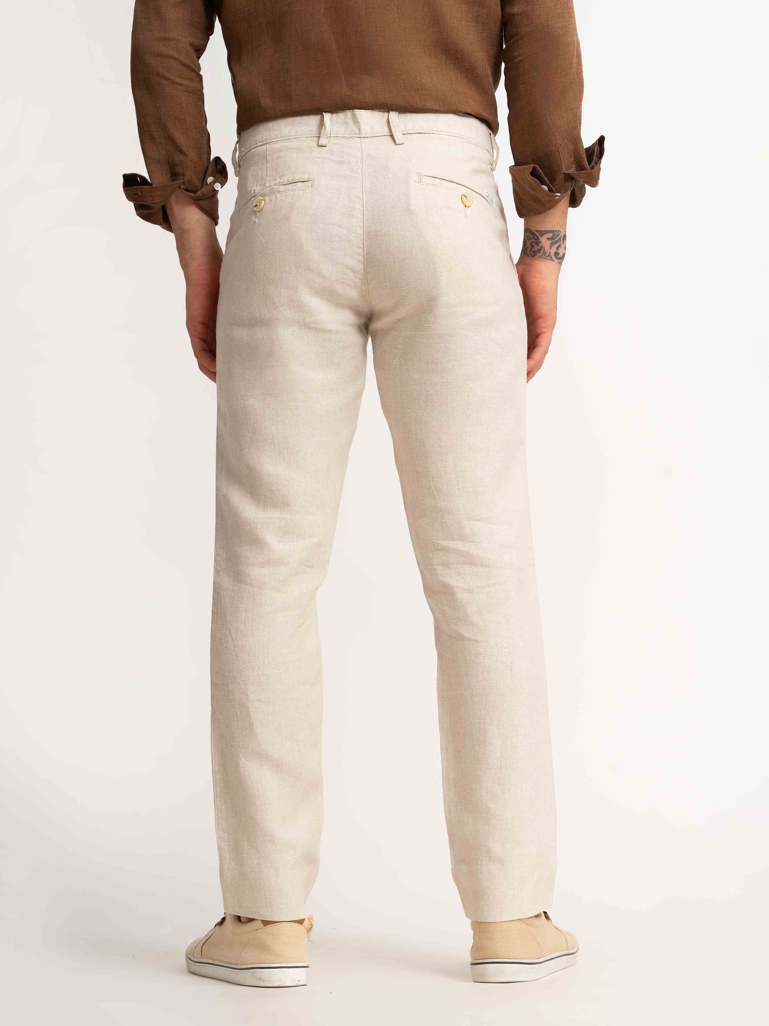 ST4U Men's Pure Linen Chambray Slim Fit Flat Front Trouser – Natural